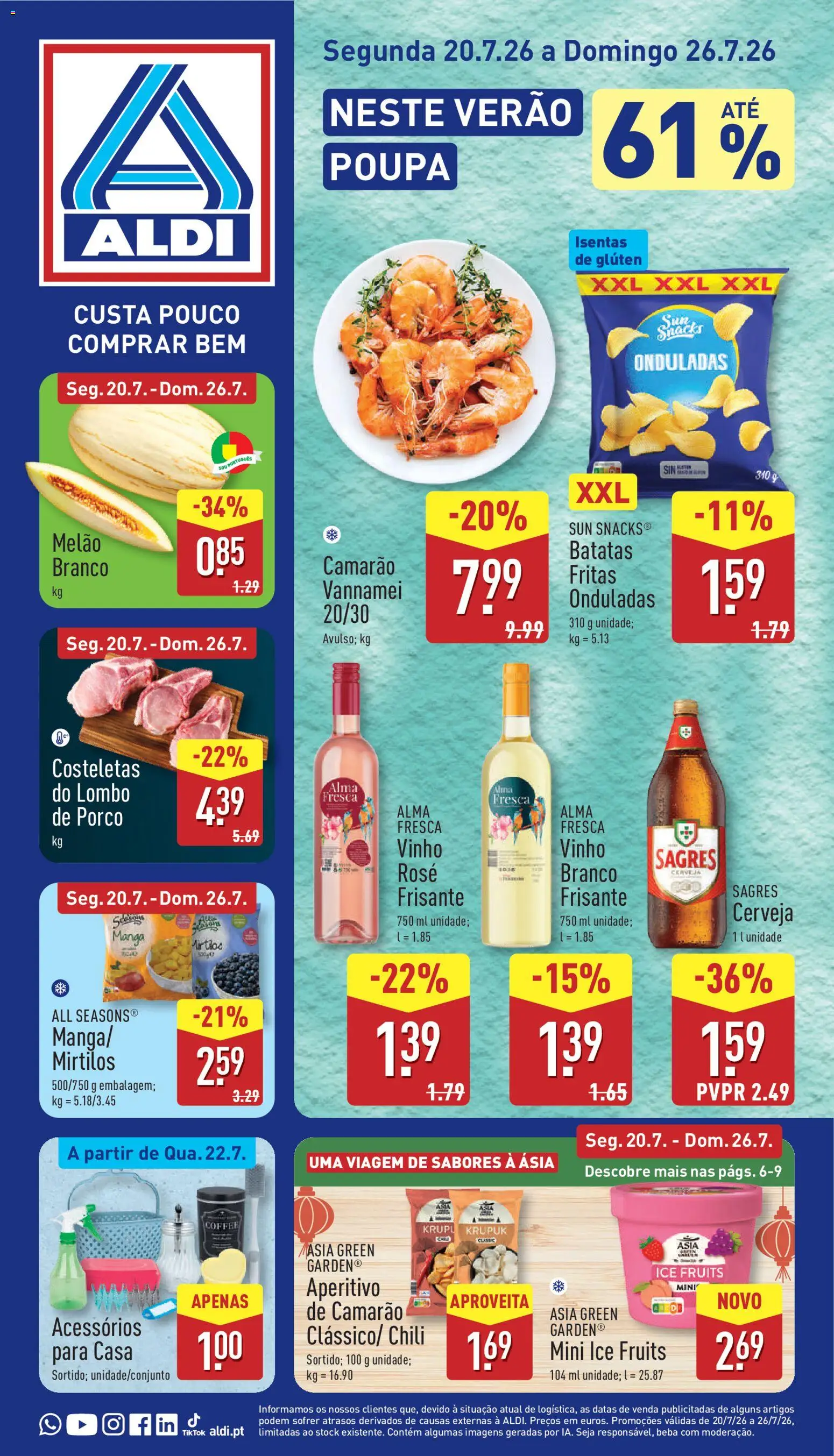 Aldi folheto │ válido de 20/07/2026 | Página: 1 | Produtos: Vinho branco, Snacks, Cerveja, Melão