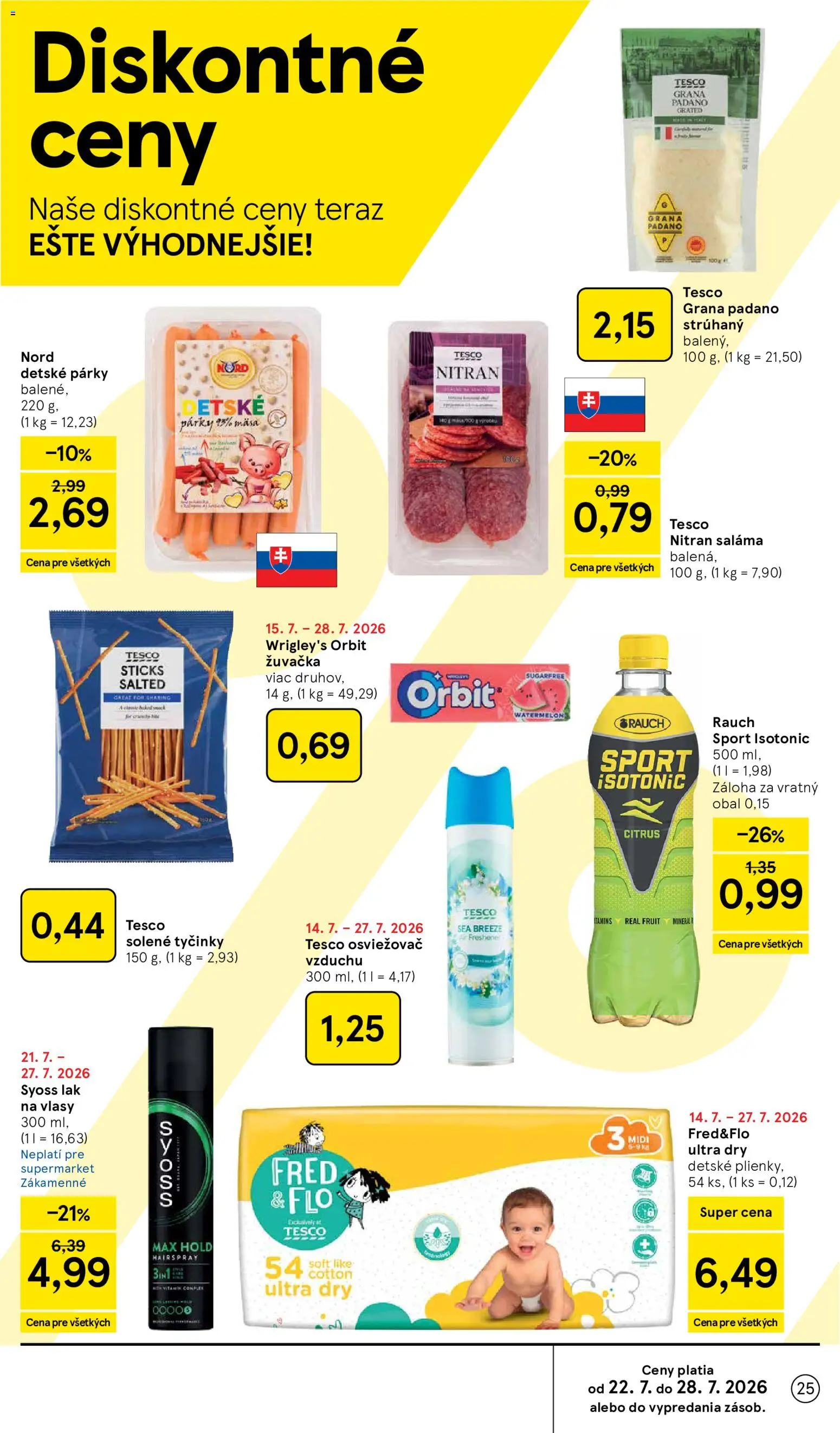 Nové Tesco akcie – leták je platný od 22.07.2026 | Strana: 25 | Produkty: Osviežovač vzduchu, Saláma, Lak na vlasy, Párky