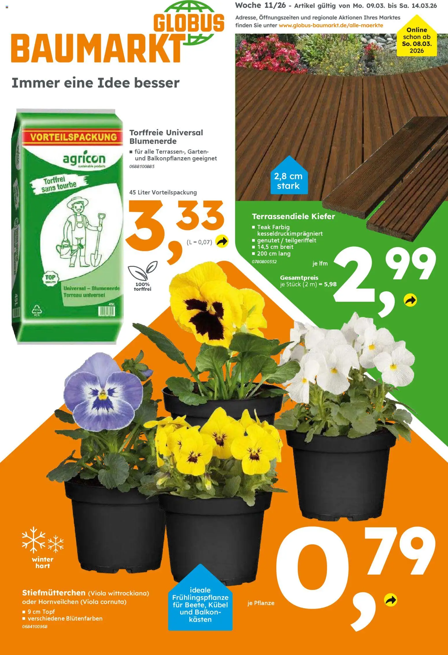 Globus Baumarkt Prospekt 	 – gültig ab 09.03.2026 | Seite: 1 | Produkte: Stiefmutterchen, Blumenerde