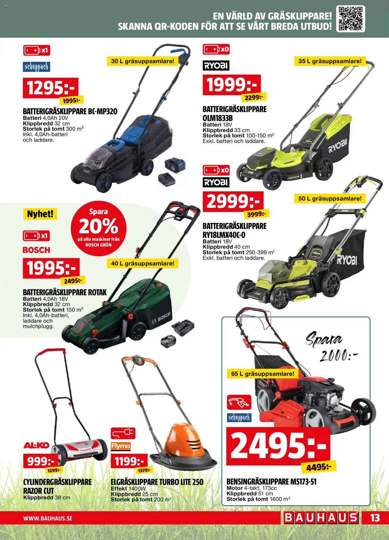 Bauhaus reklamblad aktuell från 01.05.2026 | Sida: 13 | Produkter: Gräsklippare, Batteri, Laddare