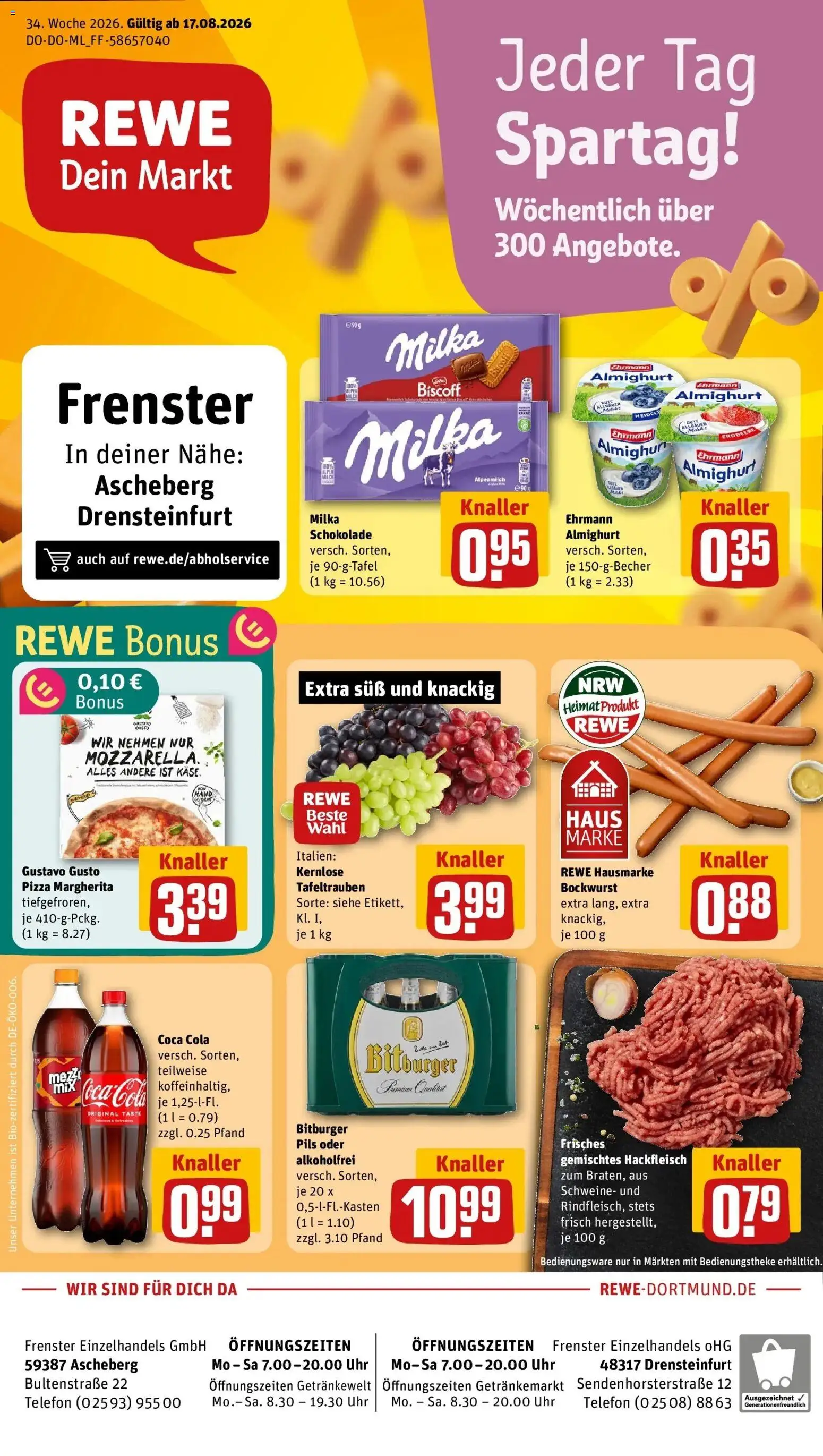 REWE Prospekt ab 17.08.2026 zum Blättern » Angebote | Seite: 1 | Produkte: Pils, Milka, Uhr, Hackfleisch