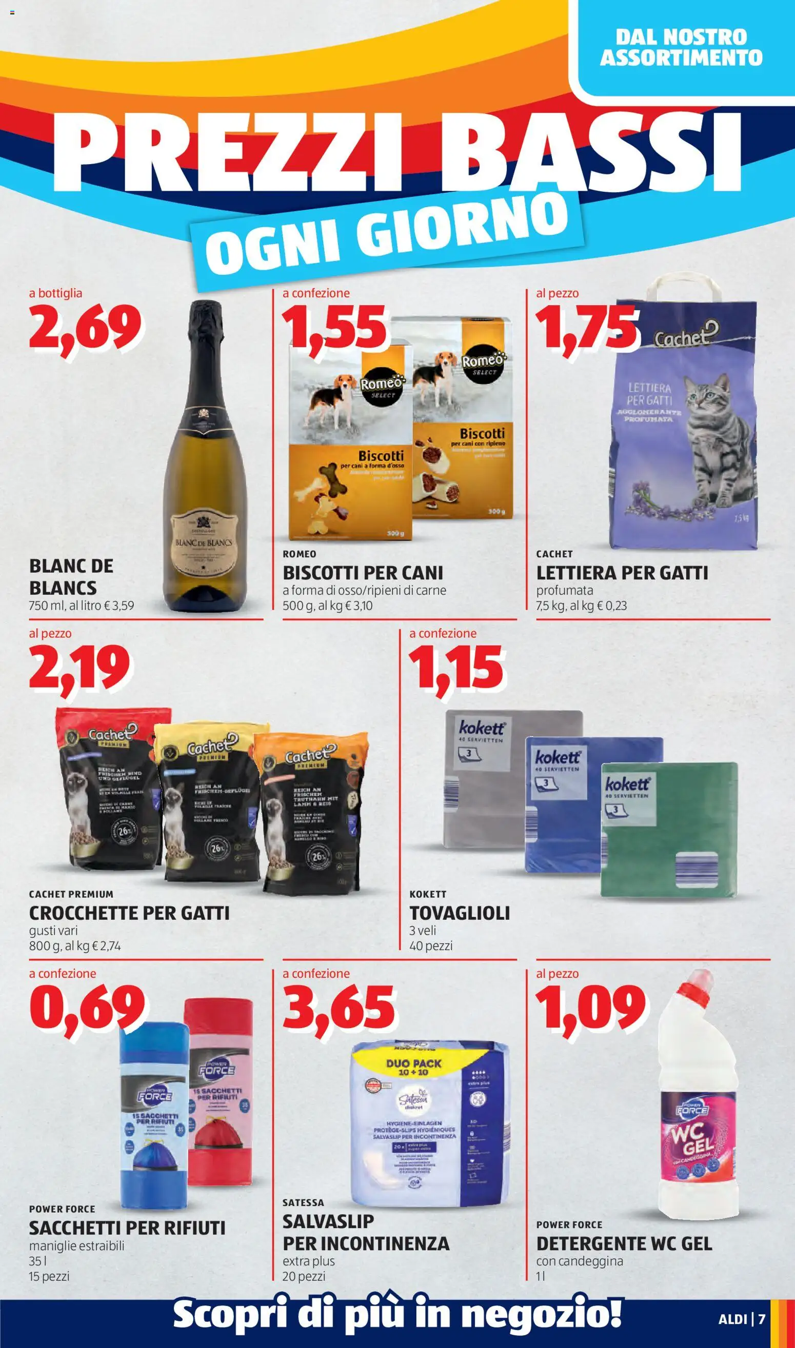Volantino Aldi del 27/07/2026 | Pagina: 7 | Prodotti: Detergente, Candeggina, Biscotti, WC
