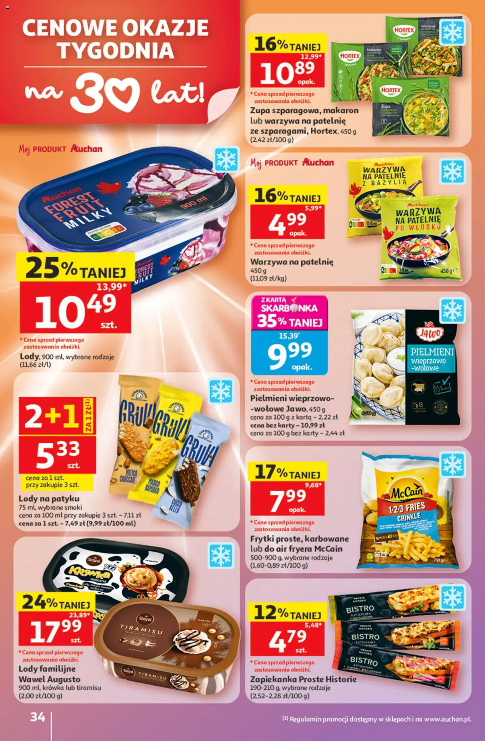 Auchan gazetka - 30 Lat Hipermarket od 21.05.2026 | Strona: 34 | Produkty: Warzywa na patelnie, Lody na patyku, Makaron, Warzywa