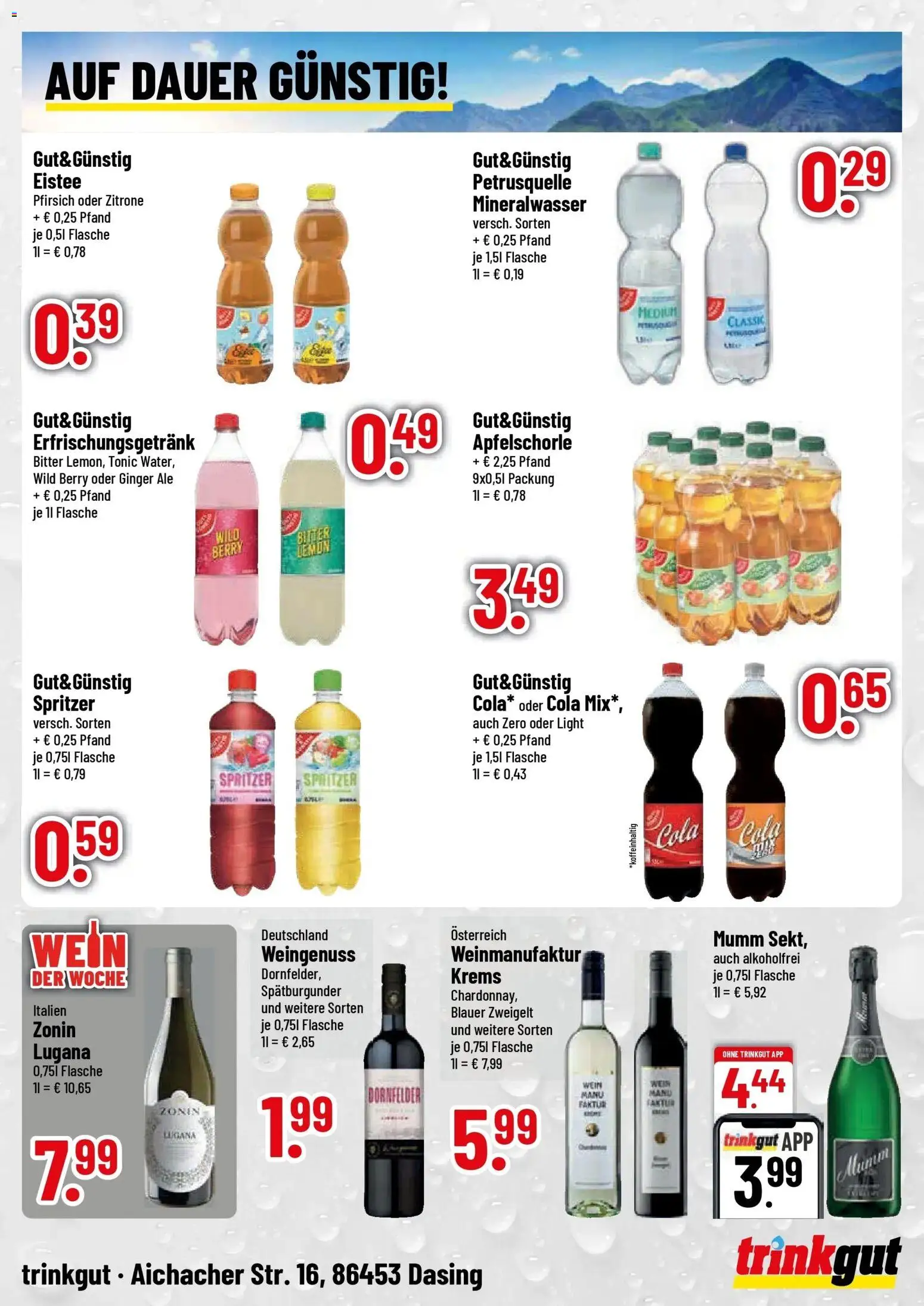 Trinkgut Prospekt Dasing (ab 10.08.2026) » Angebote online | Seite: 4 | Produkte: Mineralwasser, Zitrone, Pfirsich, Wein