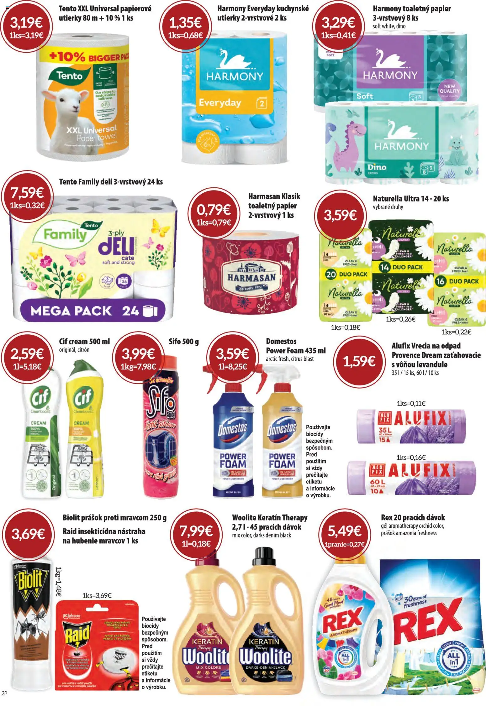 Nové CBA Verex akcie – leták je platný od 07.05.2026 | Strana: 27 | Produkty: Toaletný papier, Woolite, Raid, Domestos
