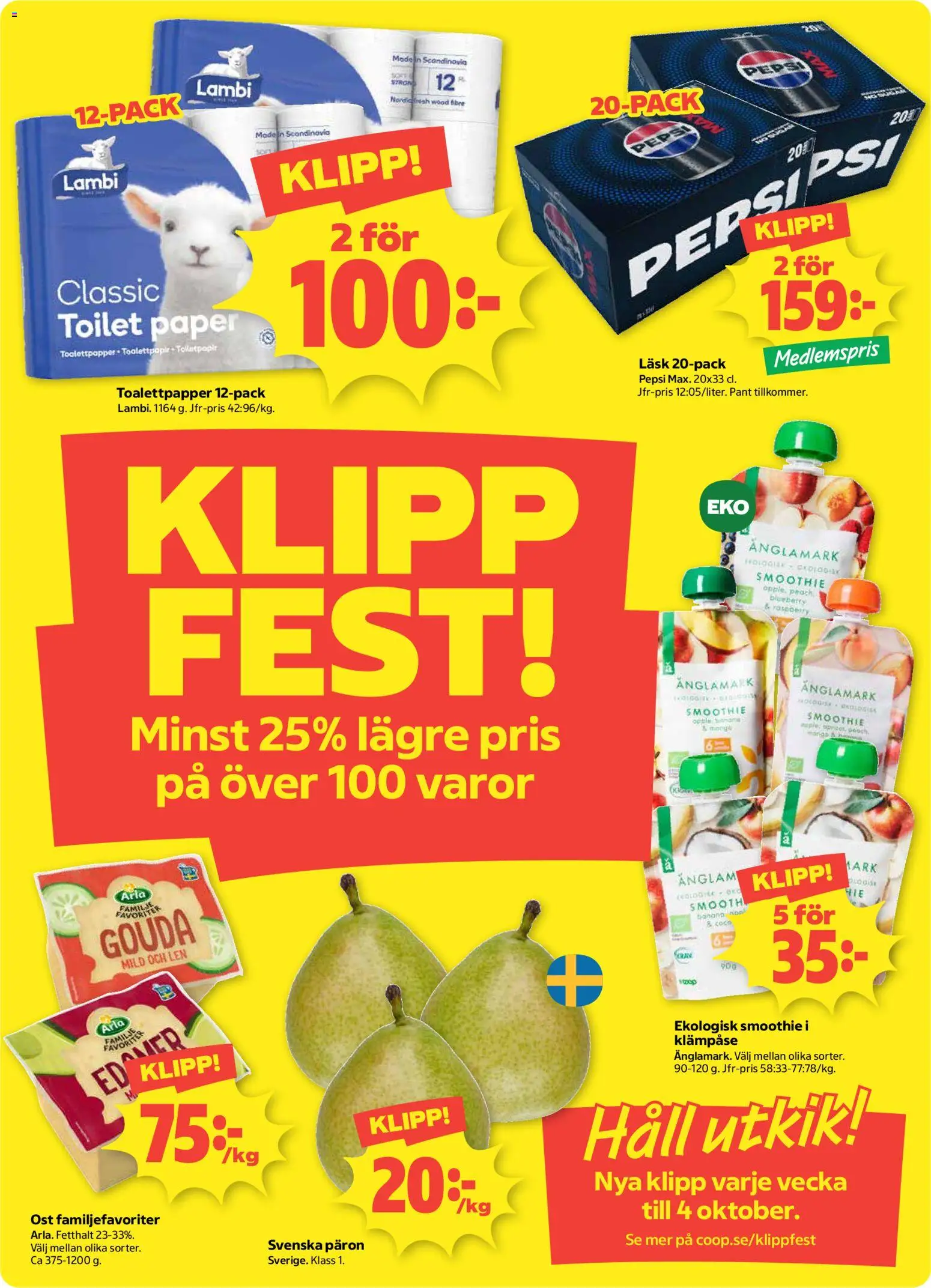 Coop Daglivs reklamblad aktuell från 14/09/2026 | Sida: 2 | Produkter: Päron, Pepsi, Ost, Häll