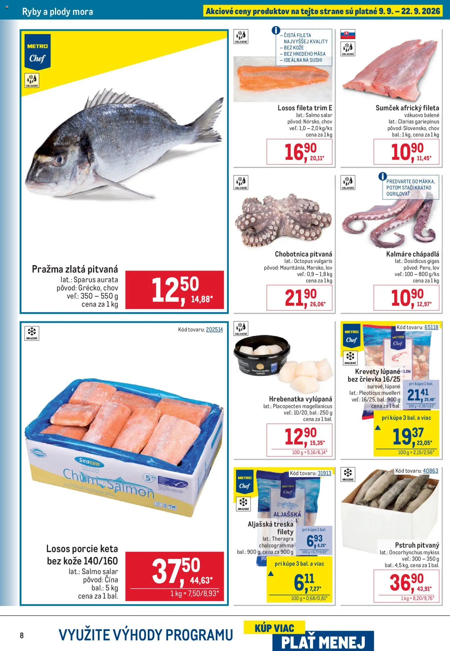 Nové Metro akcie – leták je platný od 09.09.2026 | Strana: 8 | Produkty: Pstruh, Losos, Sushi, Mrazené krevety