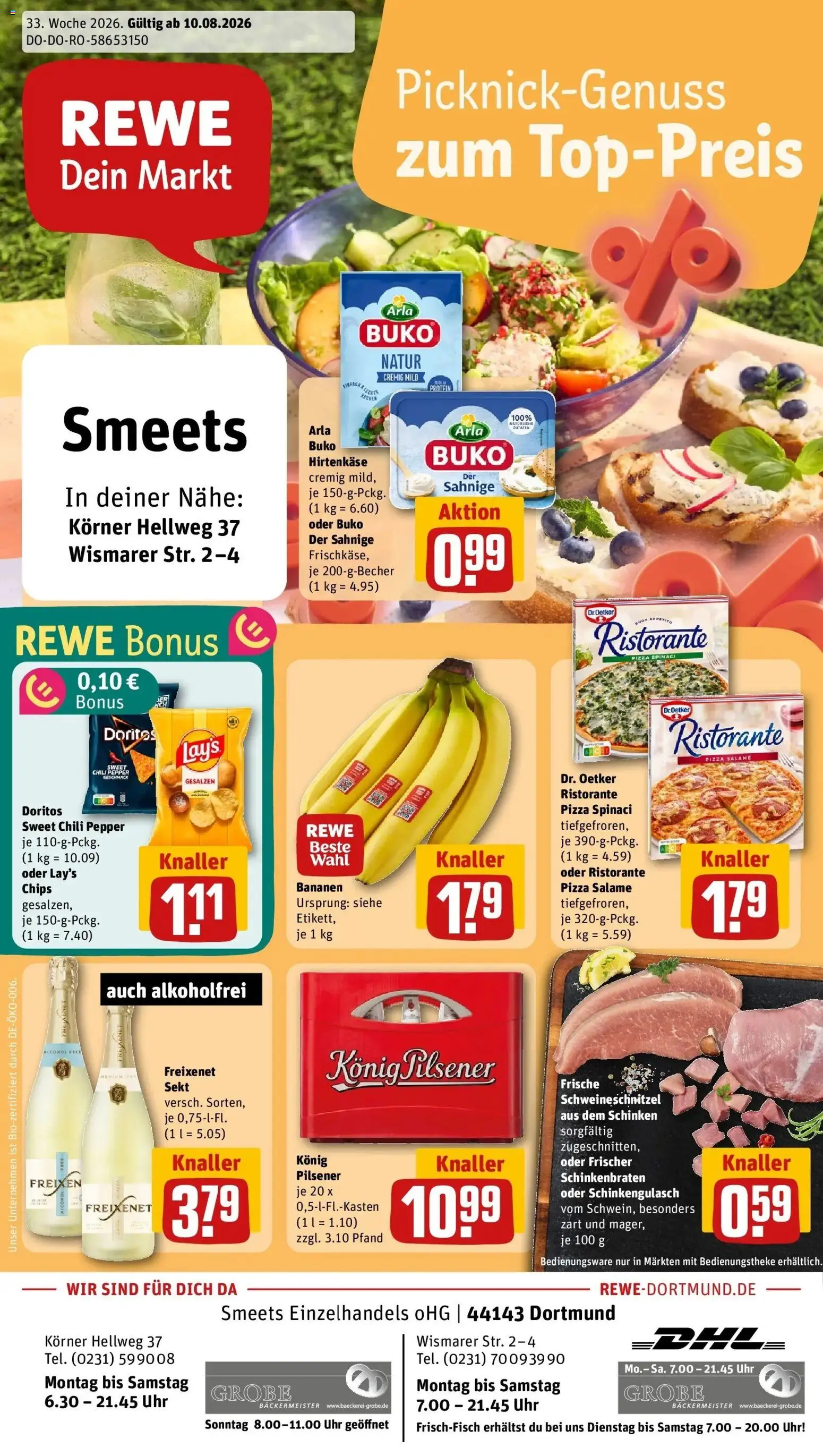REWE Prospekt ab 10.08.2026 zum Blättern » Angebote | Seite: 1 | Produkte: Ristorante, Sekt, Bananen, Arla buko