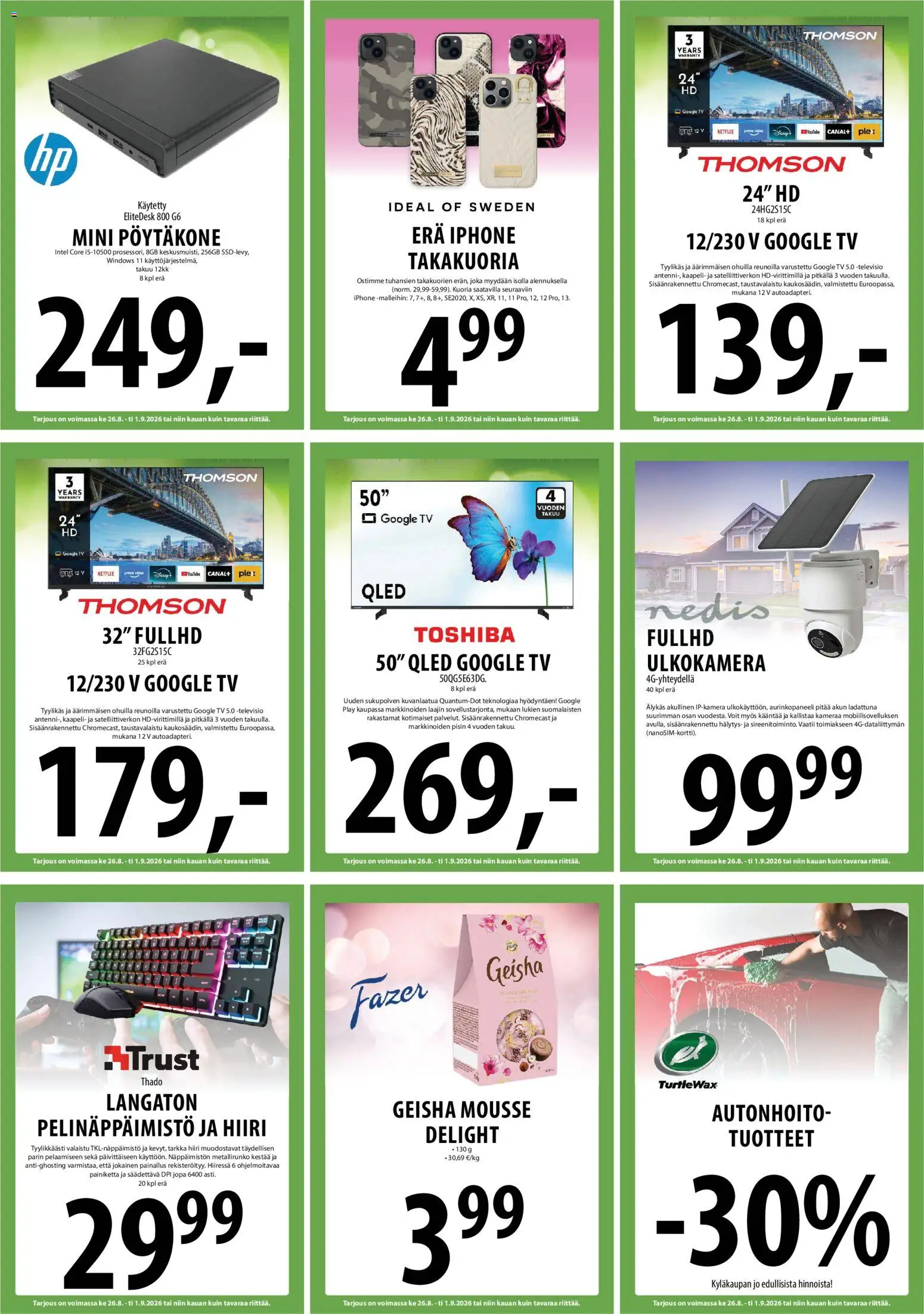 Sale tarjoukset – voimassa 26/08/2026 alkaen | Sivu: 20 | Tuotteet: Mousse, Pöytäkone, Televisio, Kaapeli