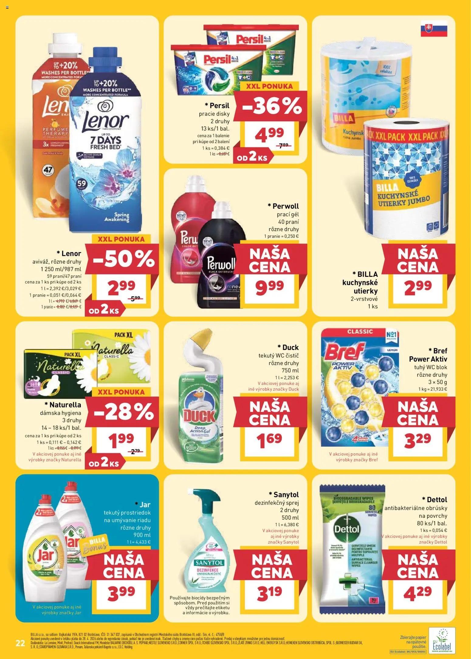 Nové Billa akcie – leták je platný od 22.04.2026 | Strana: 22 | Produkty: Pekáreň, Perwoll, Wc, Dettol