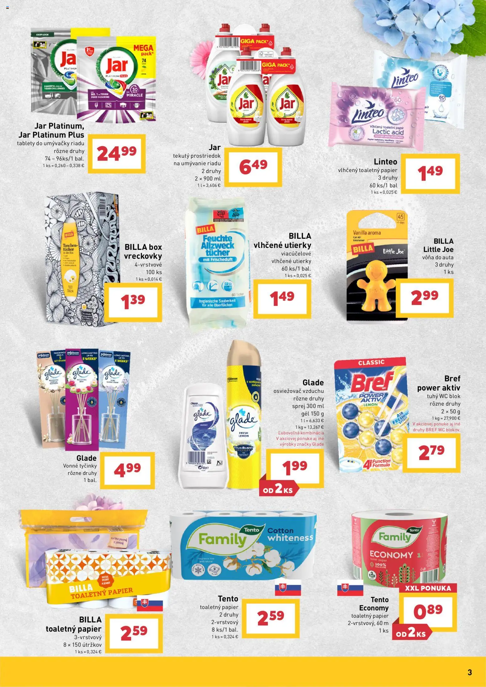 Nové Billa akcie – leták je platný od 17.06.2026 | Strana: 3 | Produkty: Osviežovač vzduchu, Toaletný papier, Prostriedok na umývanie riadu, Wc blok