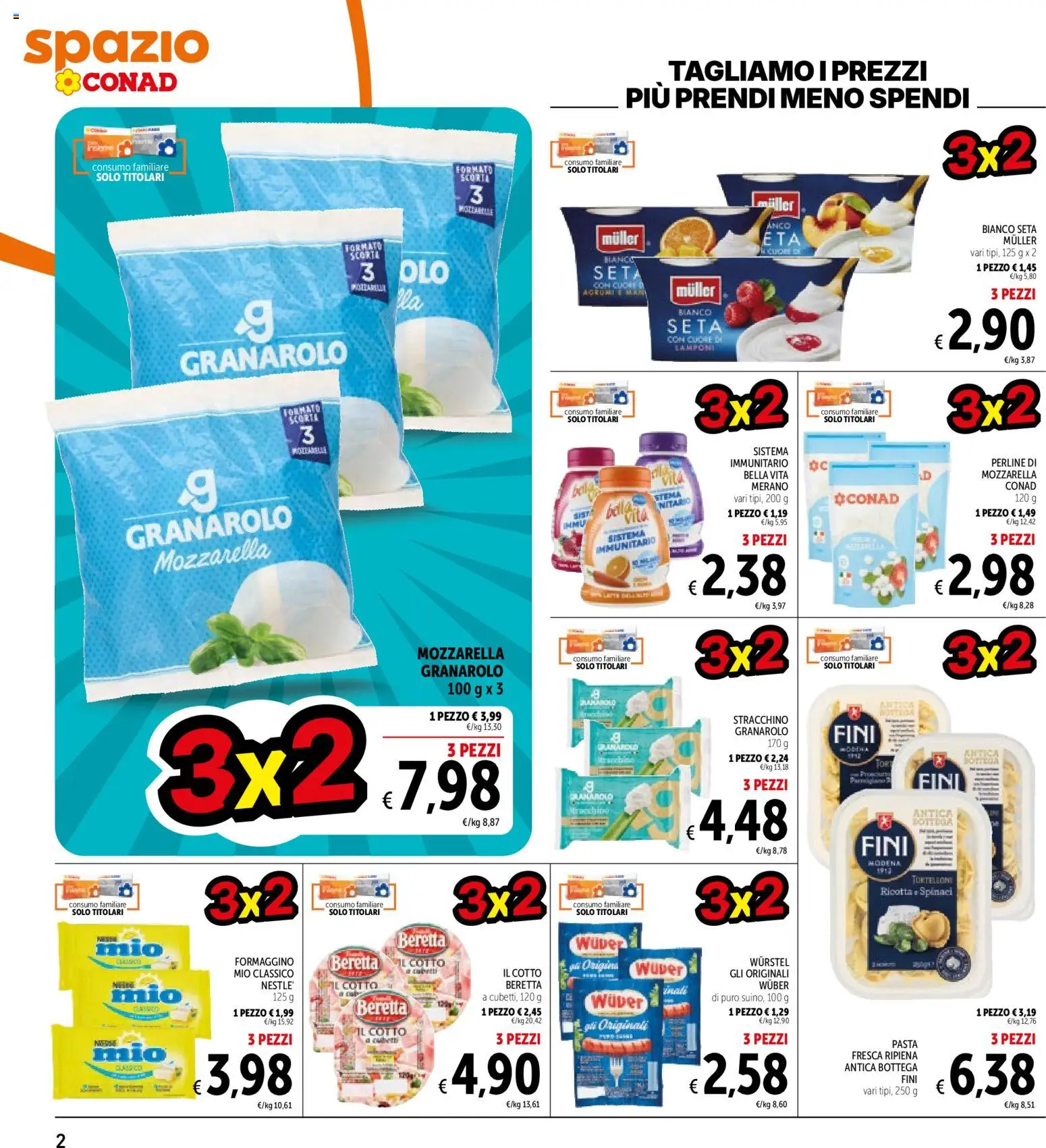 Volantino Spazio Conad del 09.06.2026 | Pagina: 2 | Prodotti: Pasta, Wurstel, Spinaci, Ricotta