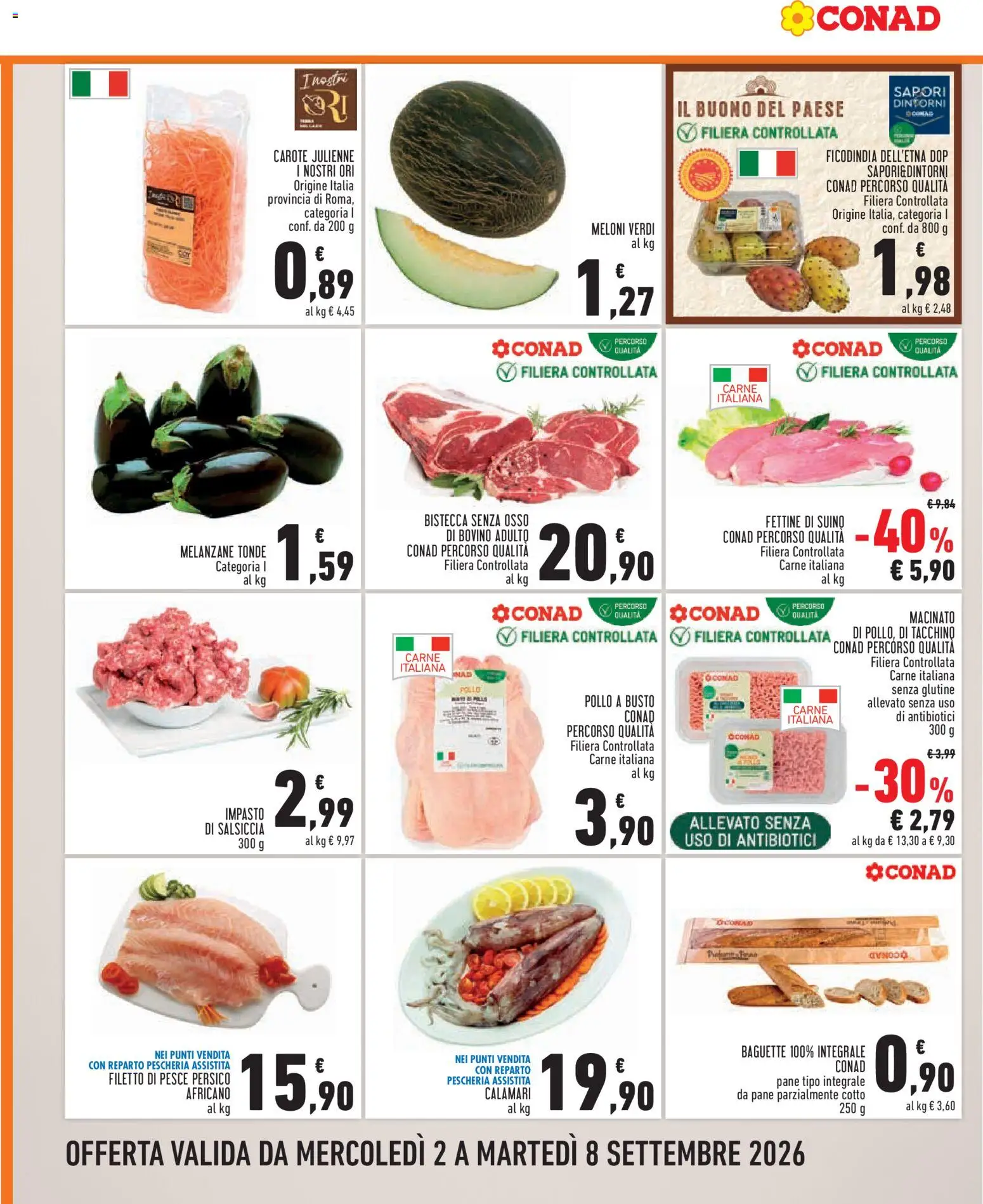 Volantino Conad del 02/09/2026 | Pagina: 2 | Prodotti: Filetto di pesce, Pollo, Impasto, Melone