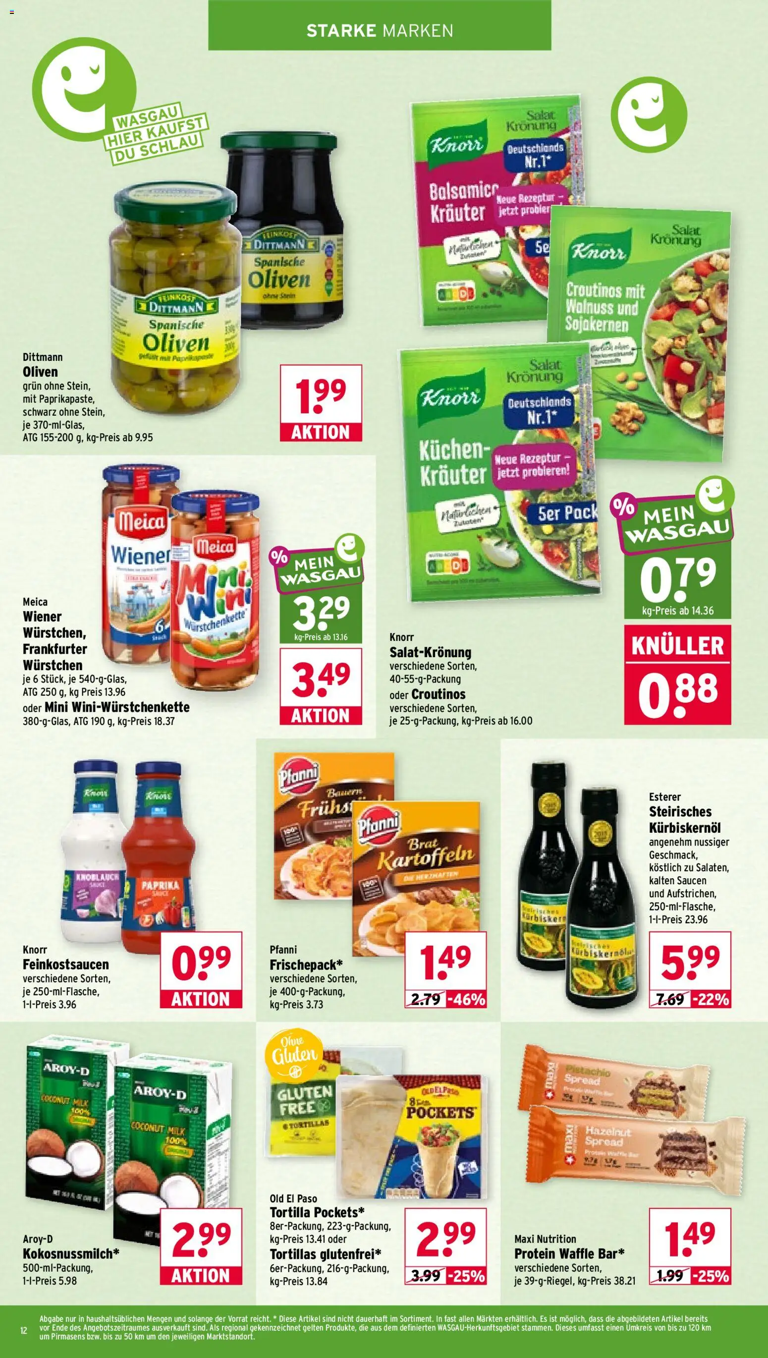 Wasgau Prospekt – gültig ab 19.10.2026 | Seite: 12 | Produkte: Tortillas, Kürbiskernöl, Paprika, Salat