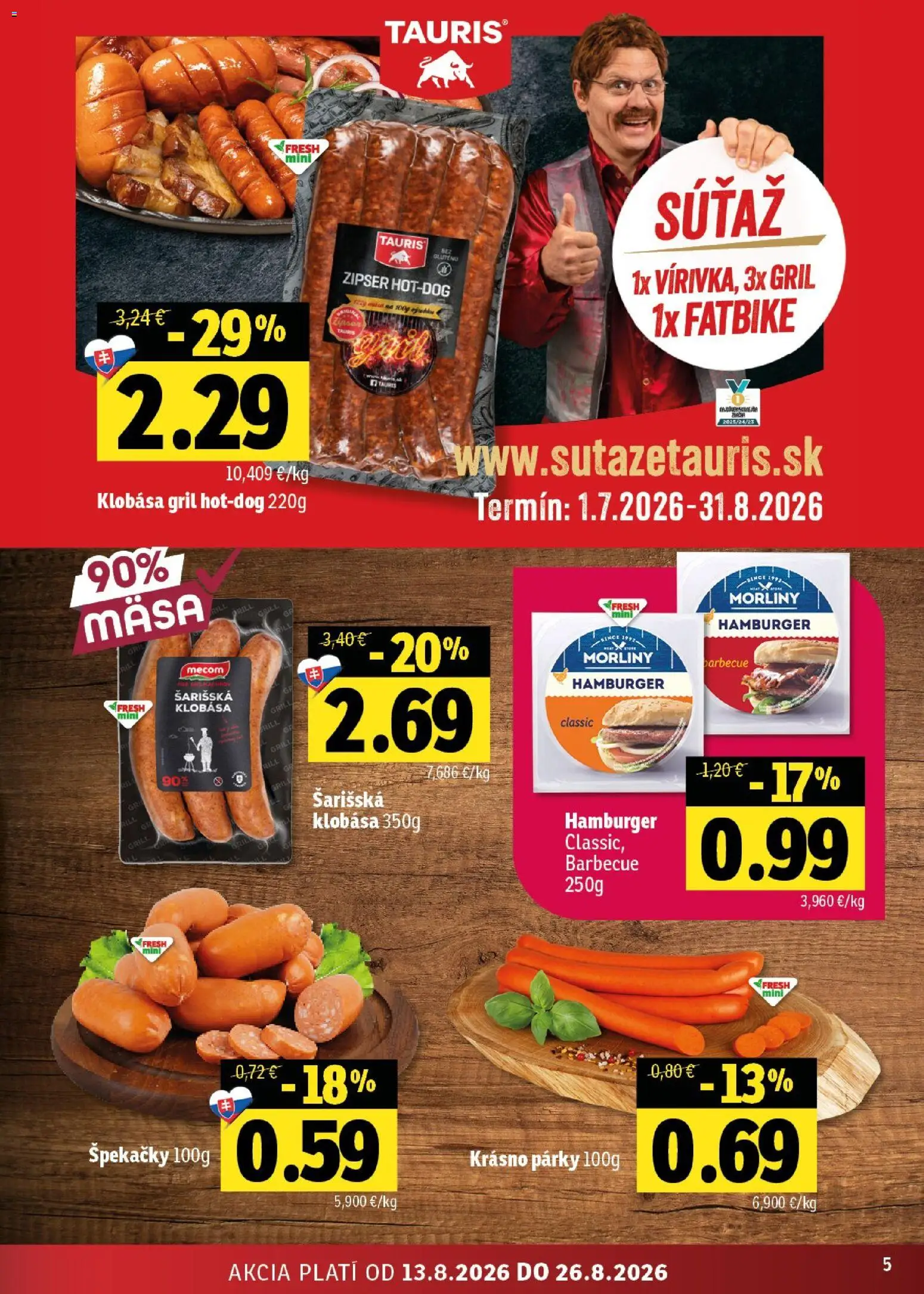 Nové Fresh akcie – leták je platný od 13.08.2026 | Strana: 5 | Produkty: Gril, Klobása, Hamburger, Párky
