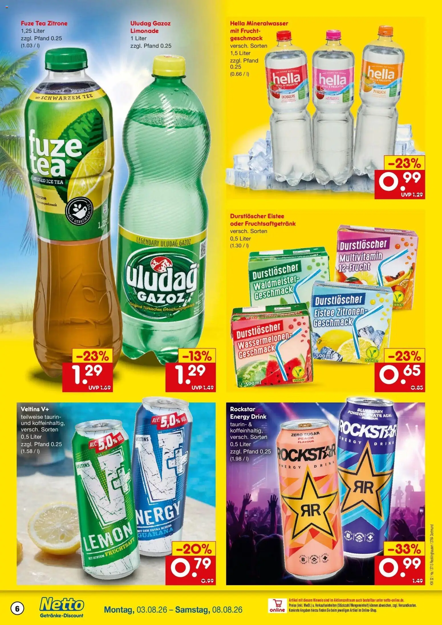 Netto Marken-Discount Prospekt Dortmund – gültig ab 03.08.2026 | Seite: 6 | Produkte: Hella, Pfirsich, Tee, Veltins
