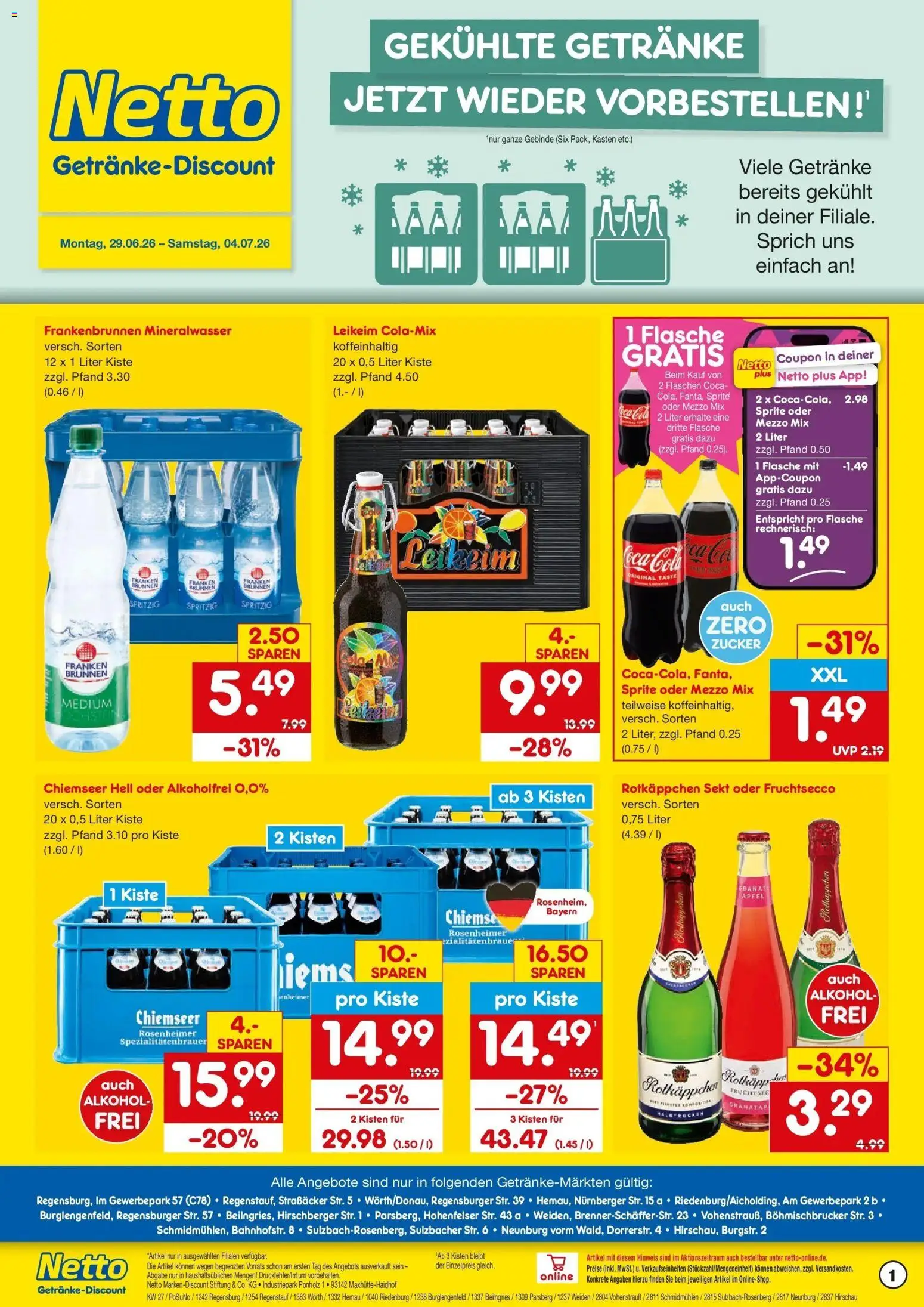 Netto Marken-Discount Prospekt Regensburg – gültig ab 29.06.2026 | Seite: 1 | Produkte: Mezzo mix, Mineralwasser, Zucker, Rotkäppchen