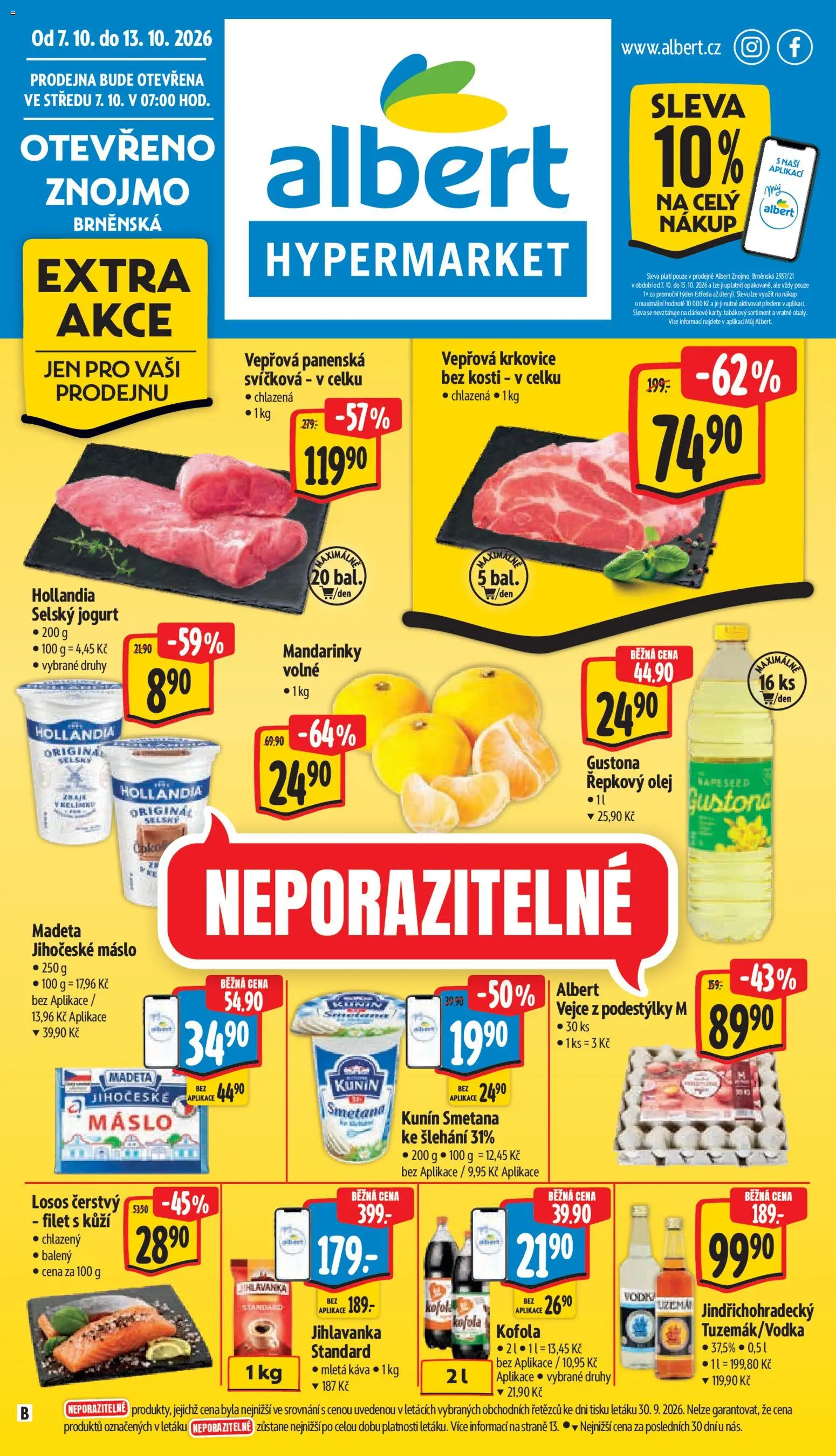 Albert leták - Hypermarket - Znojmo od 07.10.2026 | Strana: 1 | Produkty: Jogurt, Káva, Mandarinky, Krkovice