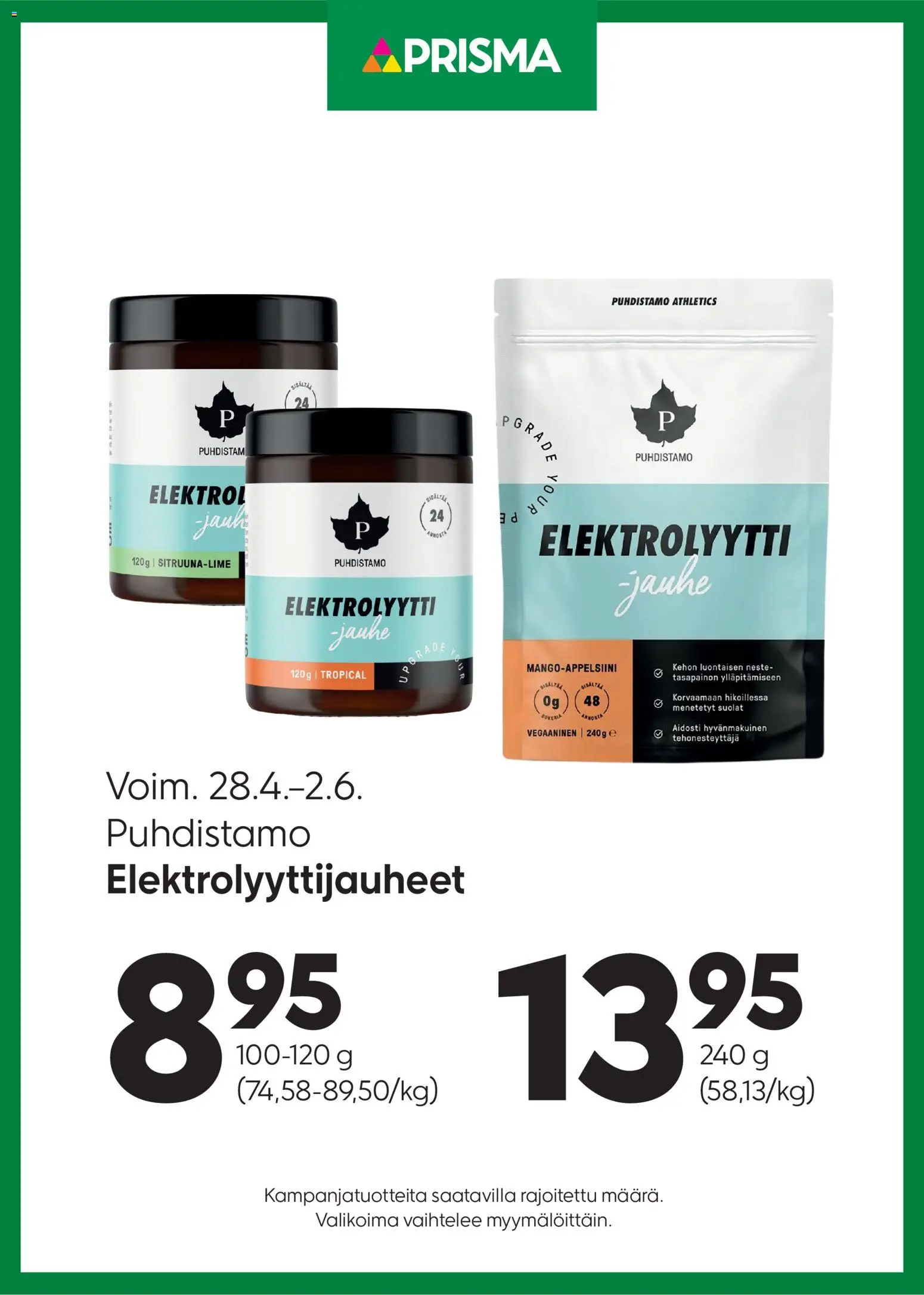 Prisma tarjoukset Elektrolyyttijauheet – voimassa 28.04.2026 alkaen | Sivu: 1 | Tuotteet: Jauhe