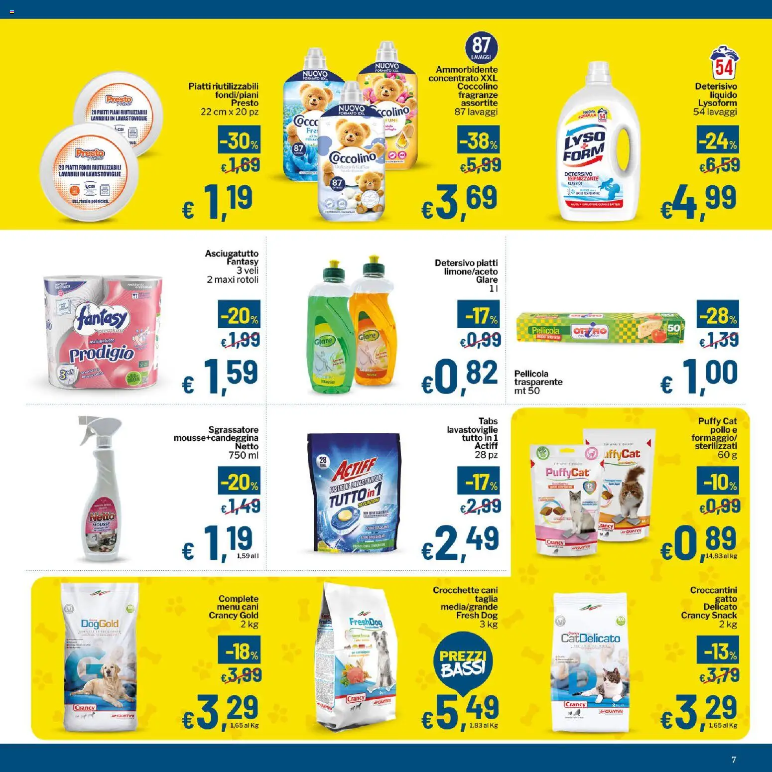 Volantino Qui Discount del 14/07/2026 | Pagina: 7 | Prodotti: Ammorbidente, Crocchette, Lavastoviglie, Pellicola