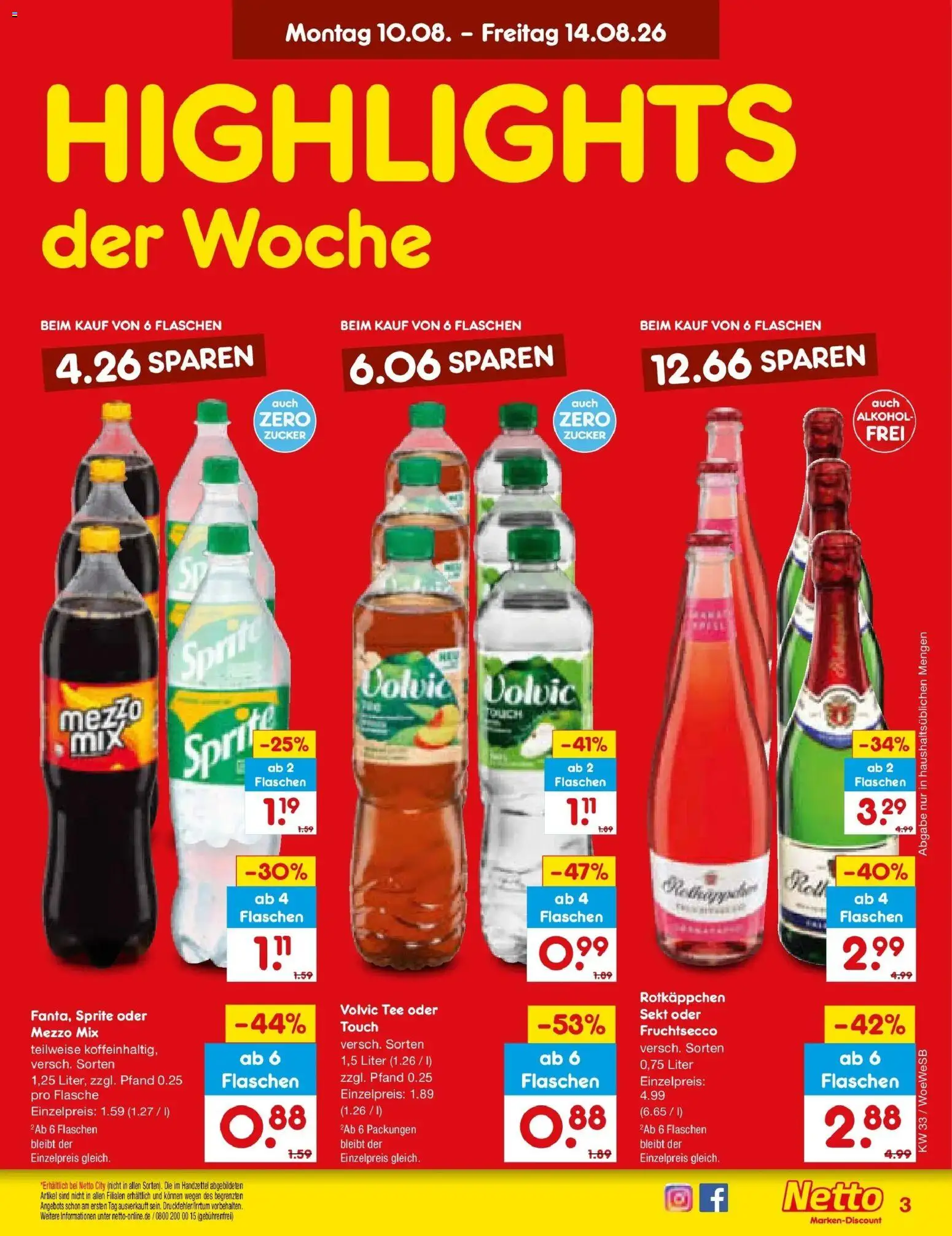 Netto Marken-Discount Prospekt Katzweiler (ab 10.08.2026) » Angebote | Seite: 3 | Produkte: Volvic tee, Alkohol, Zucker, Volvic