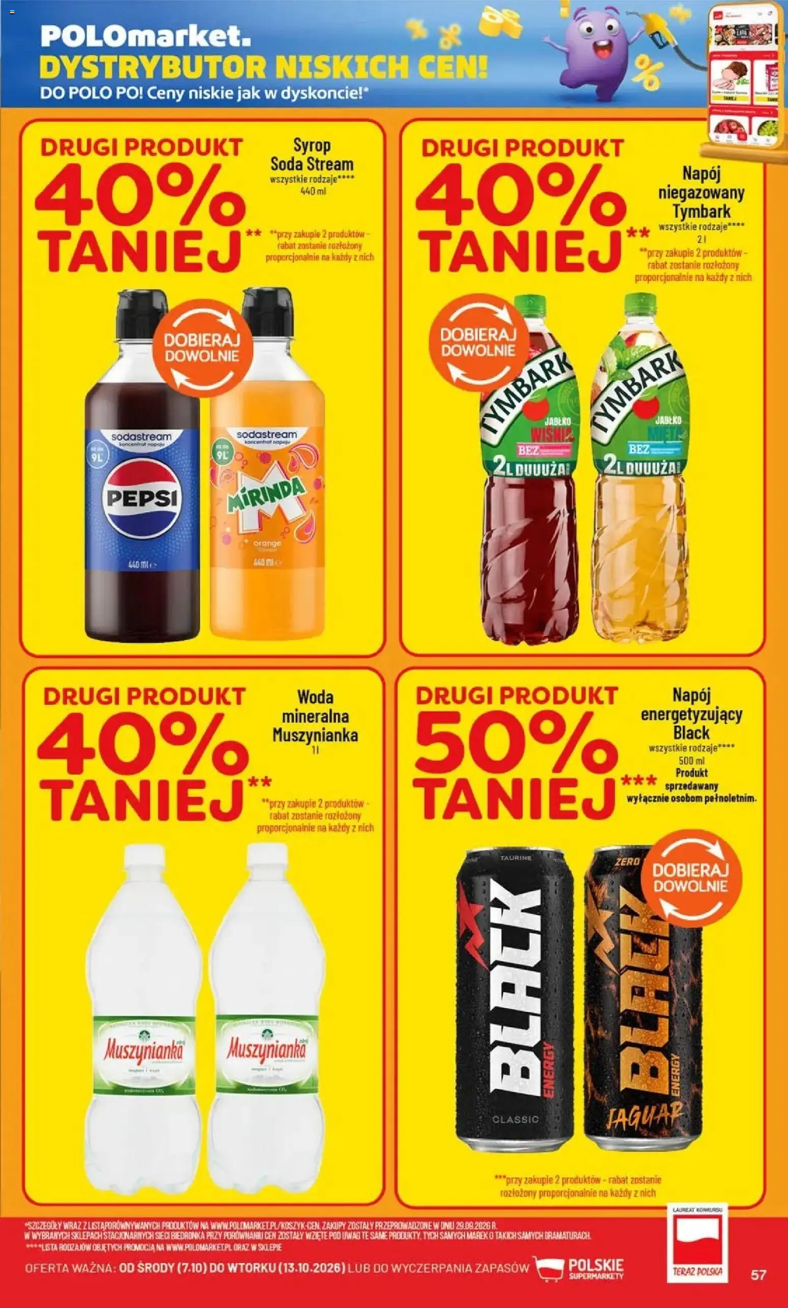 Nowa POLOmarket gazetka od jutra 07.10.2026 | Strona: 57 | Produkty: Pepsi, Muszynianka, Pepsi mirinda, Woda