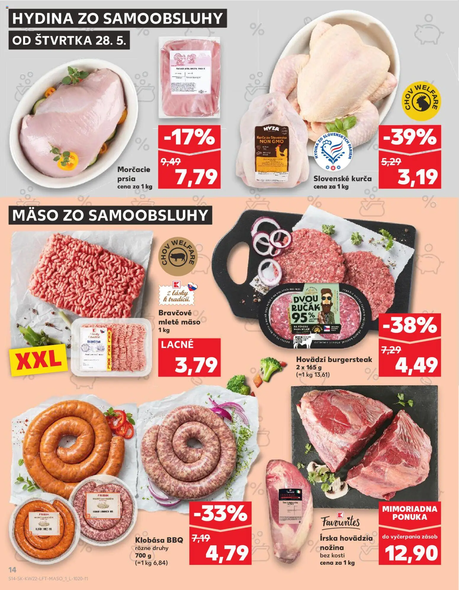 Nové Kaufland akcie – leták je platný od 28.05.2026 | Strana: 14 | Produkty: Klobása, Mäso, Mleté mäso, Kurča