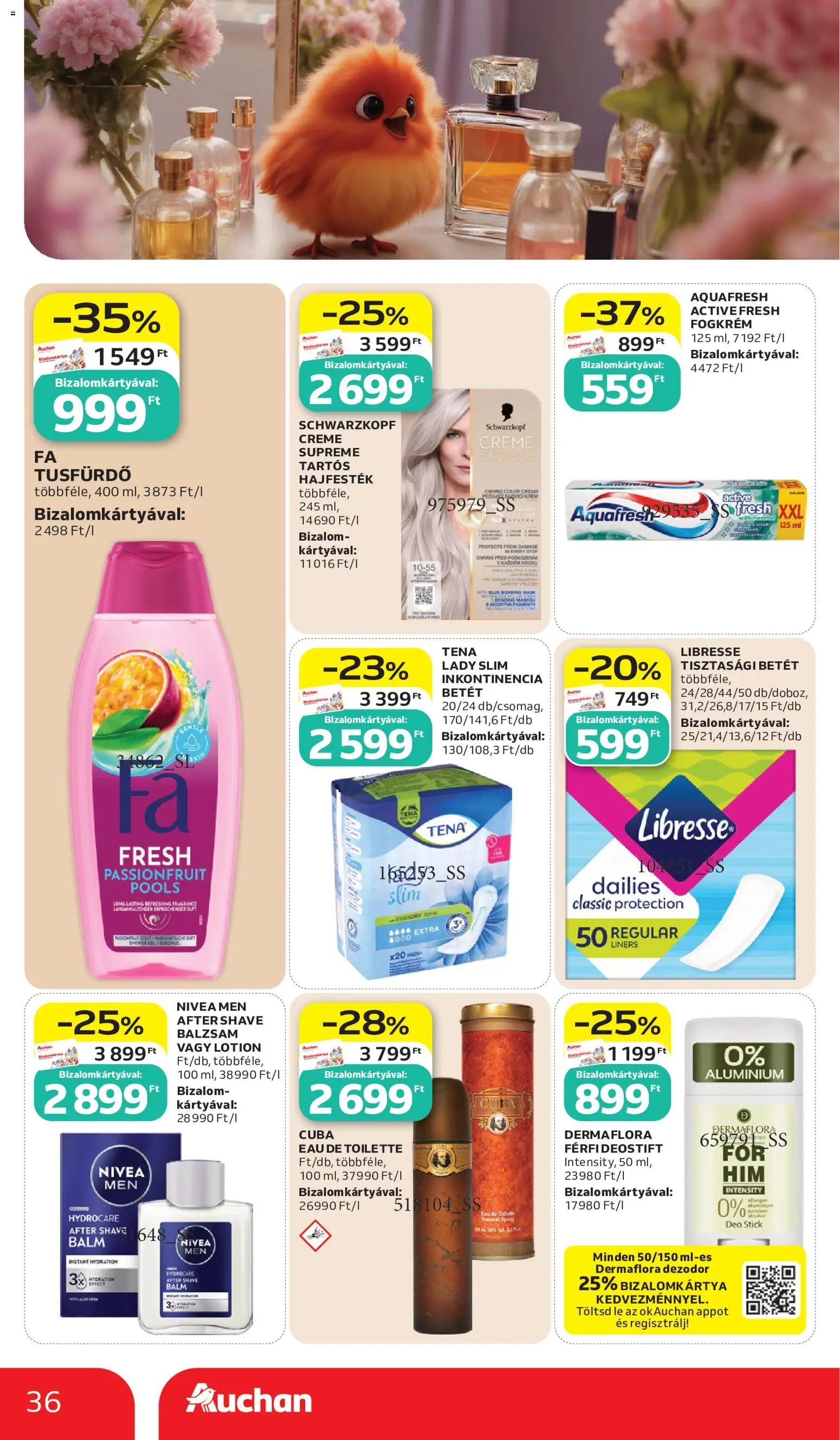 Auchan akciós ujság - amely érvényes a következő dátumtól: 2026.06.11. | Oldal: 36 | Termékek: Hajfesték, Tusfürdő, Dezodor, Fogkrém