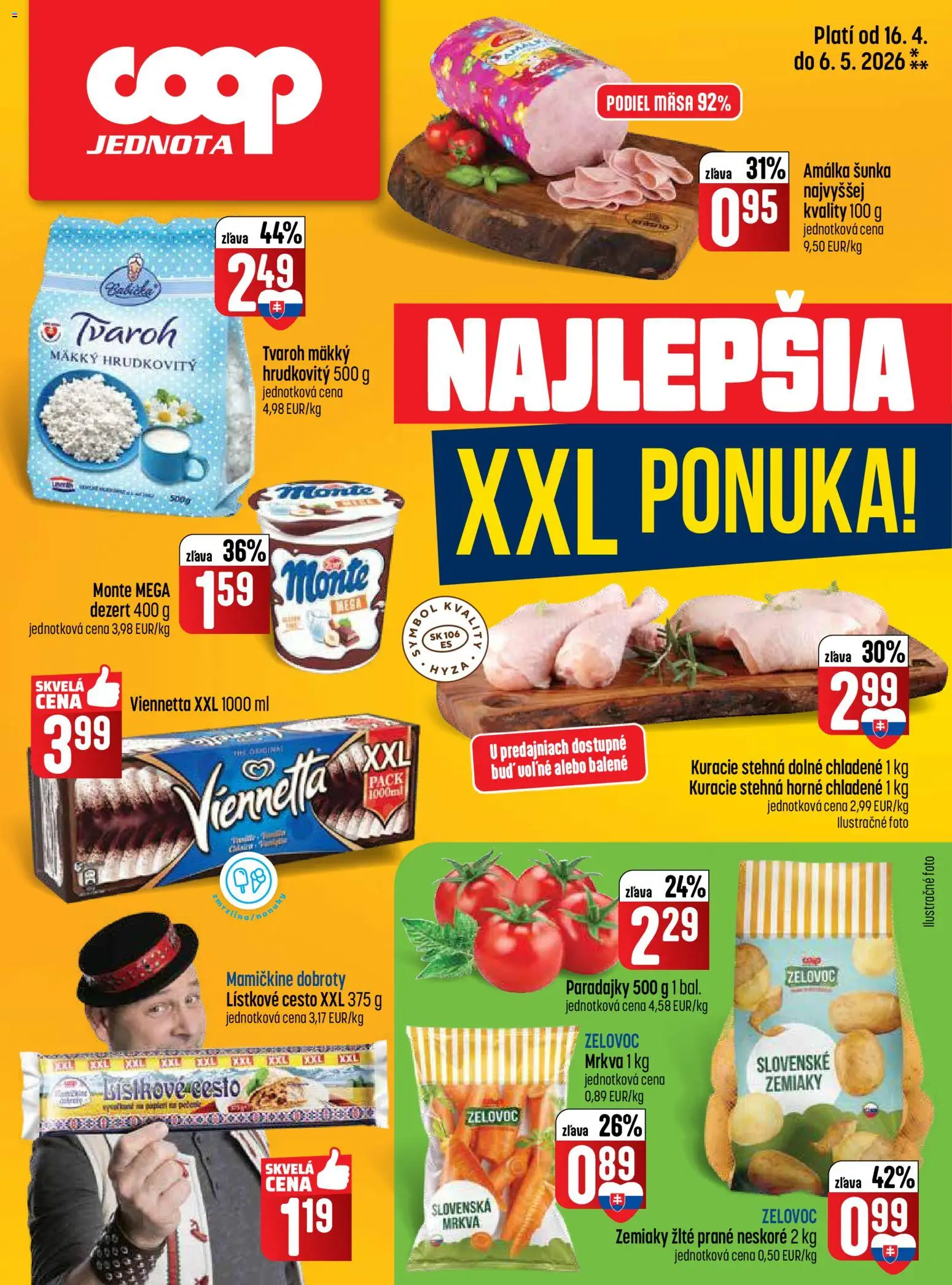 Nové COOP Jednota akcie – leták je platný od 16.04.2026 | Strana: 8 | Produkty: Paradajky, Kuracie stehná, Mrkva, Tvaroh