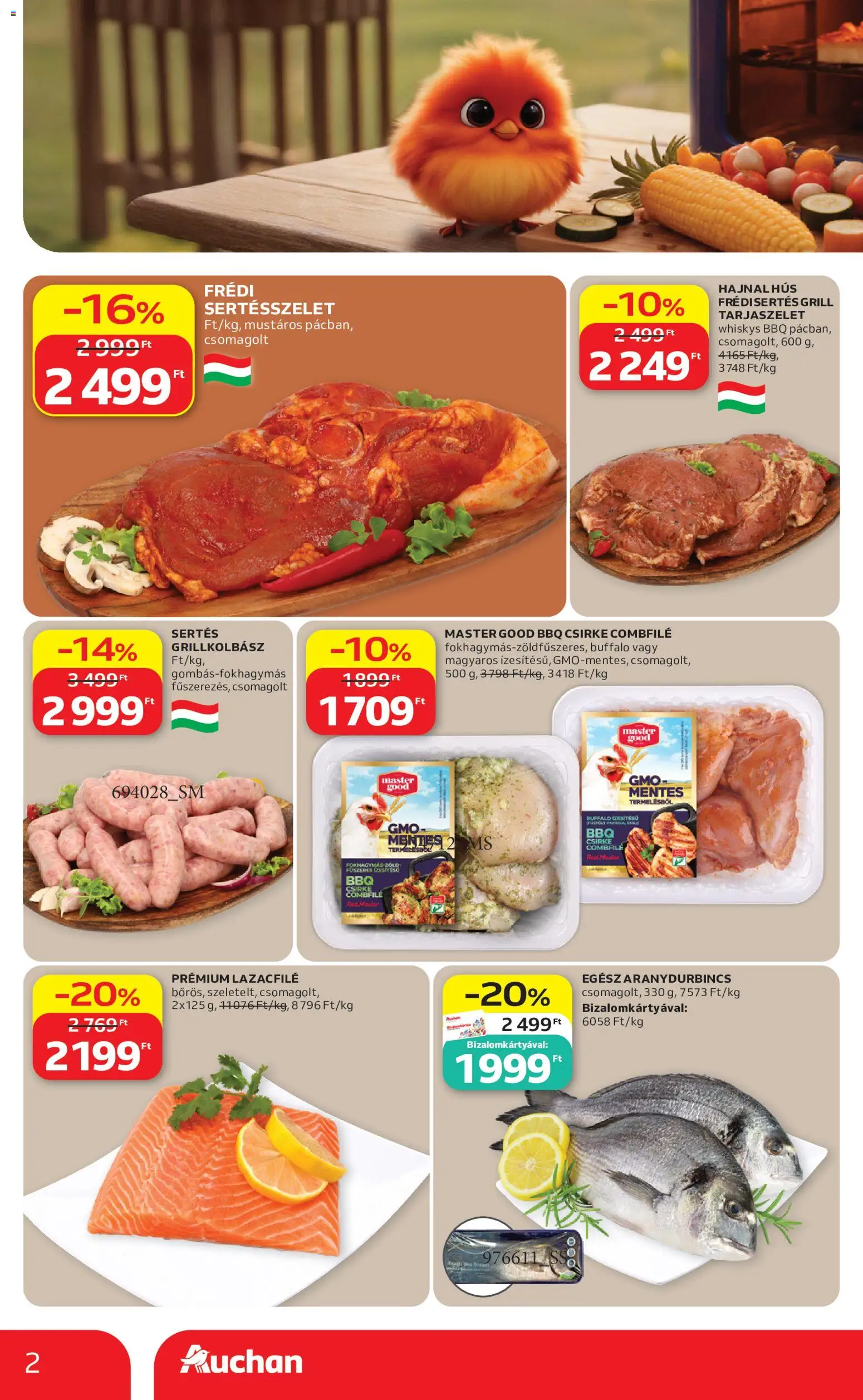 Auchan akciós ujság - amely érvényes a következő dátumtól: 21.05.2026 | Oldal: 2 | Termékek: Grillkolbász, Hús, Grill, Lazacfilé