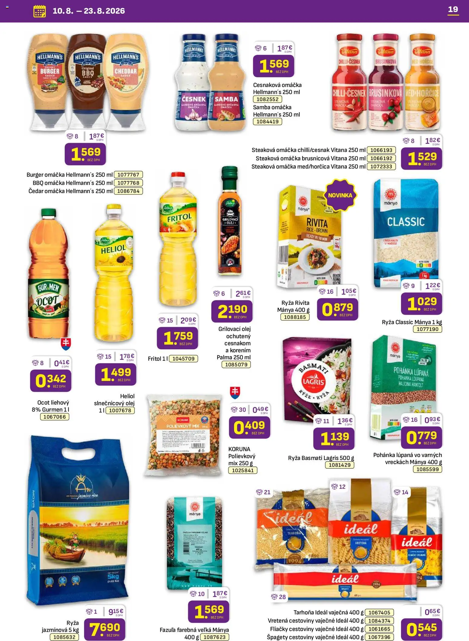 Nové Libex akcie – leták je platný od 10.08.2026 | Strana: 19 | Produkty: Olej, Cheddar, Fazuľa, Omáčka