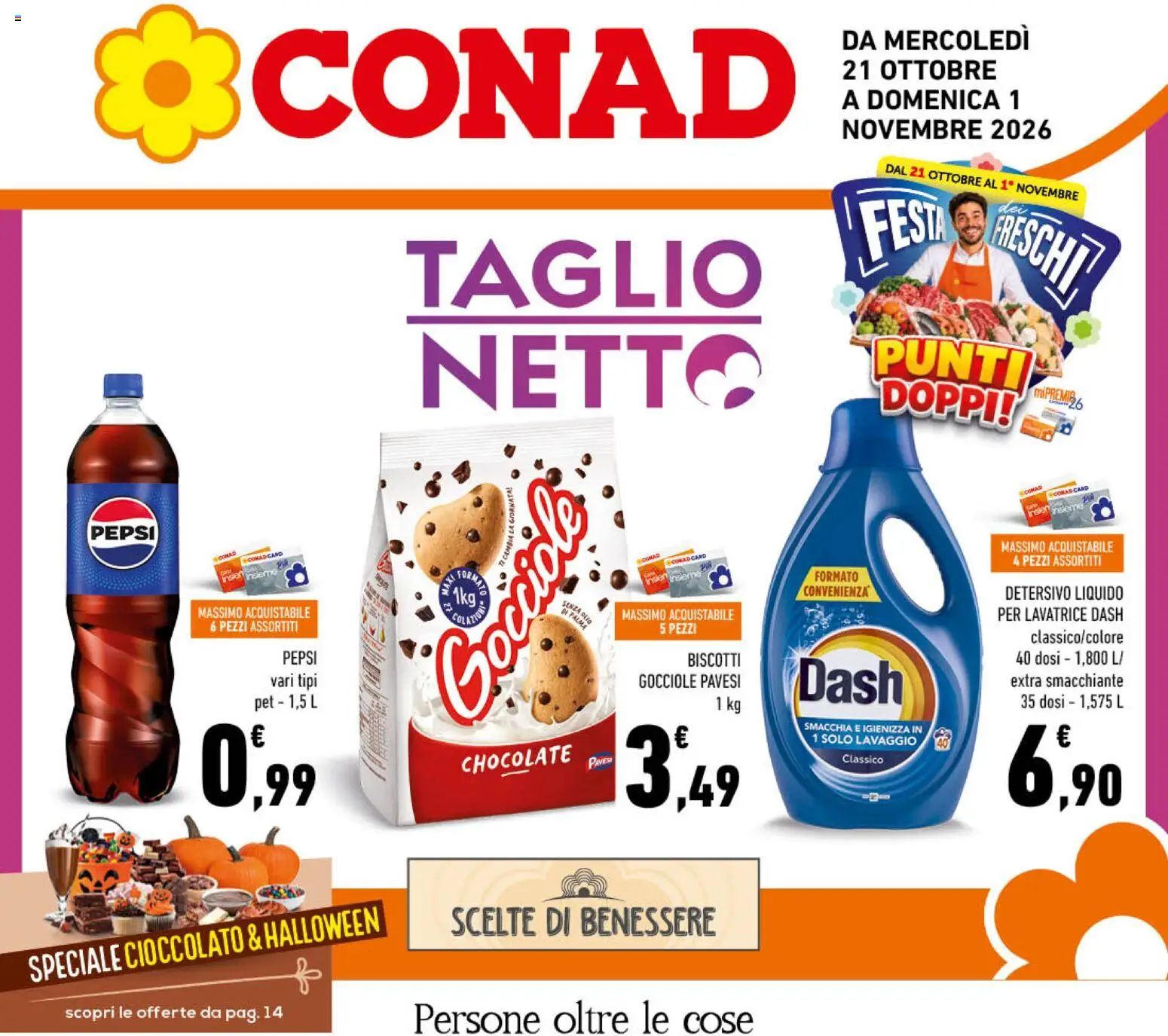 Volantino Conad del 21/10/2026 | Pagina: 1 | Prodotti: Cioccolato, Biscotti, Lavatrice, Pepsi