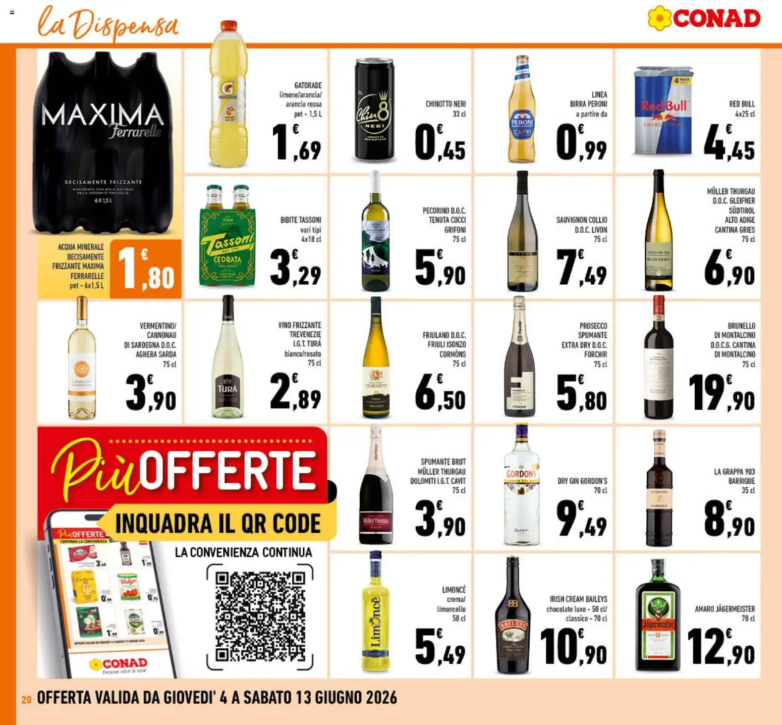 Volantino Conad del 04.06.2026 | Pagina: 20 | Prodotti: Birra, Prosecco, Bibite, Arancia