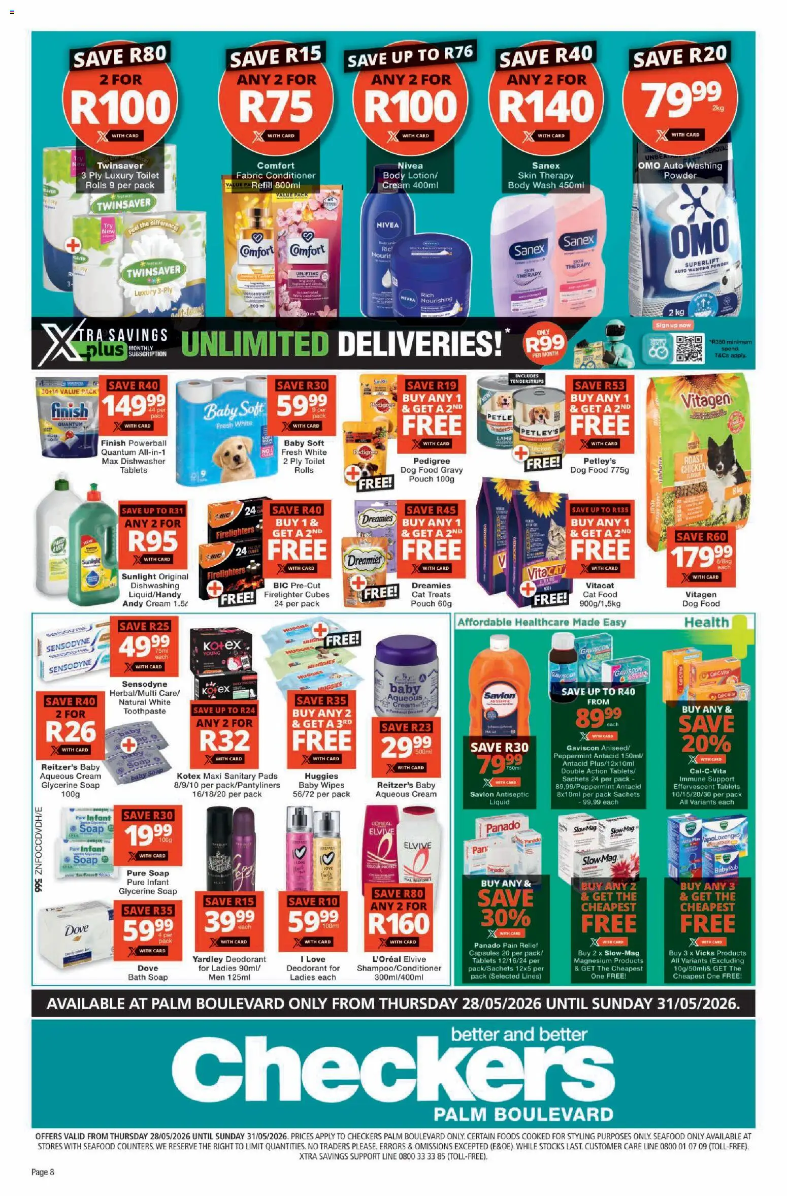 New Checkers catalogue – valid from 28.05.2026 | Page: 8 | Products: Dishwasher, Chicken, Gravy, Body wash