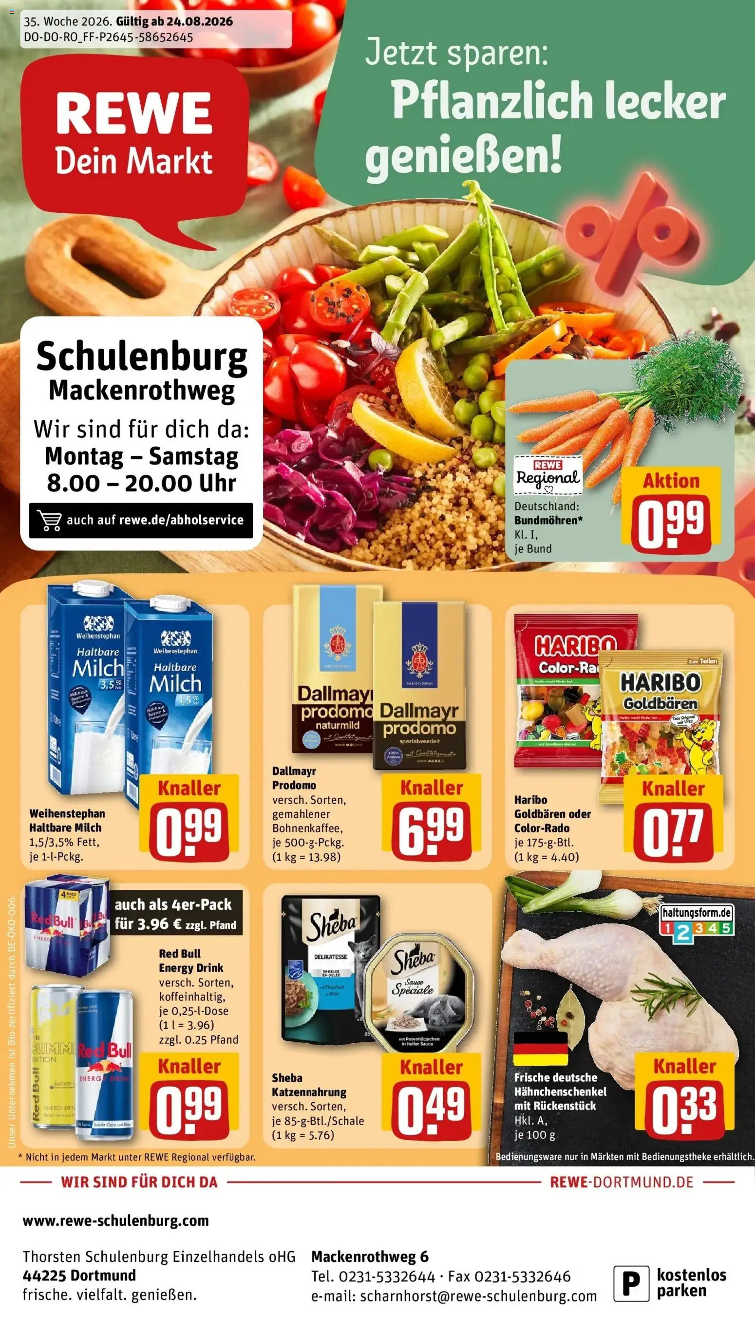 REWE Prospekt ab 24.08.2026 zum Blättern » Angebote | Seite: 1 | Produkte: Sheba, Red bull, Hahnchenschenkel, Uhr
