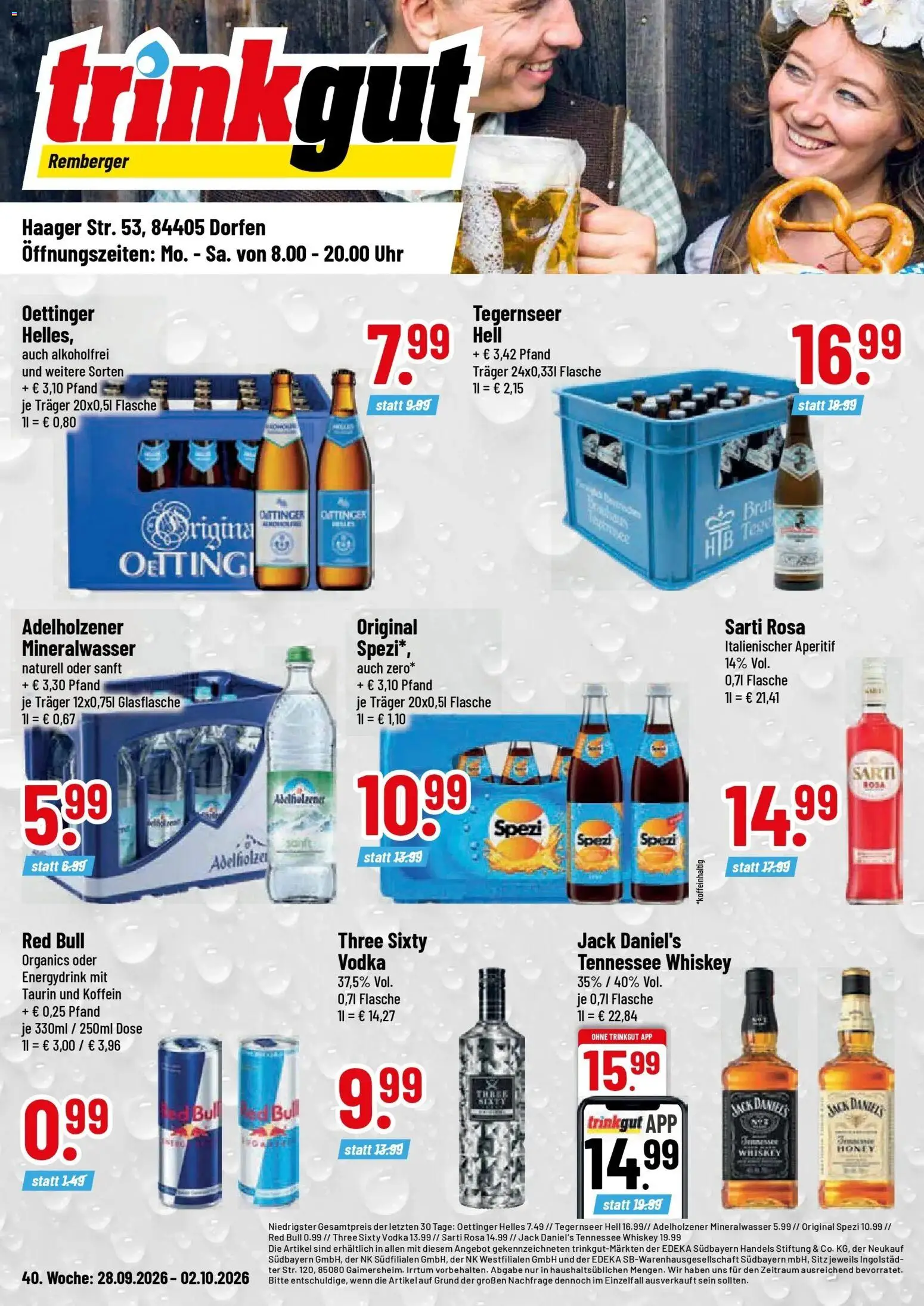 Trinkgut Prospekt Dorfen – gültig ab 28.09.2026 | Seite: 1 | Produkte: Red bull, Adelholzener, Oettinger, Vodka