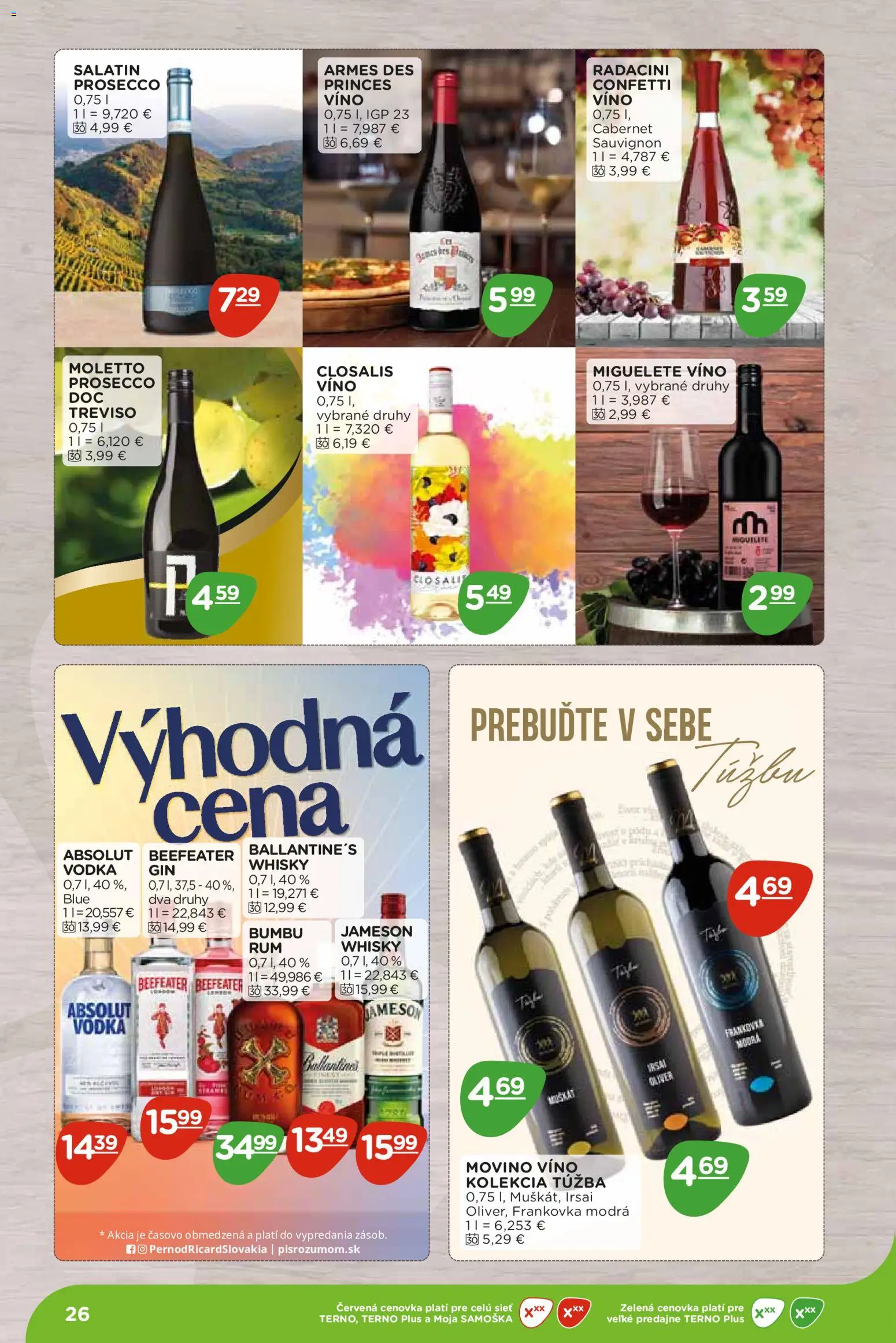 Nové Terno akcie – leták je platný od 07.09.2026 | Strana: 26 | Produkty: Jameson, Beefeater, Víno, Prosecco