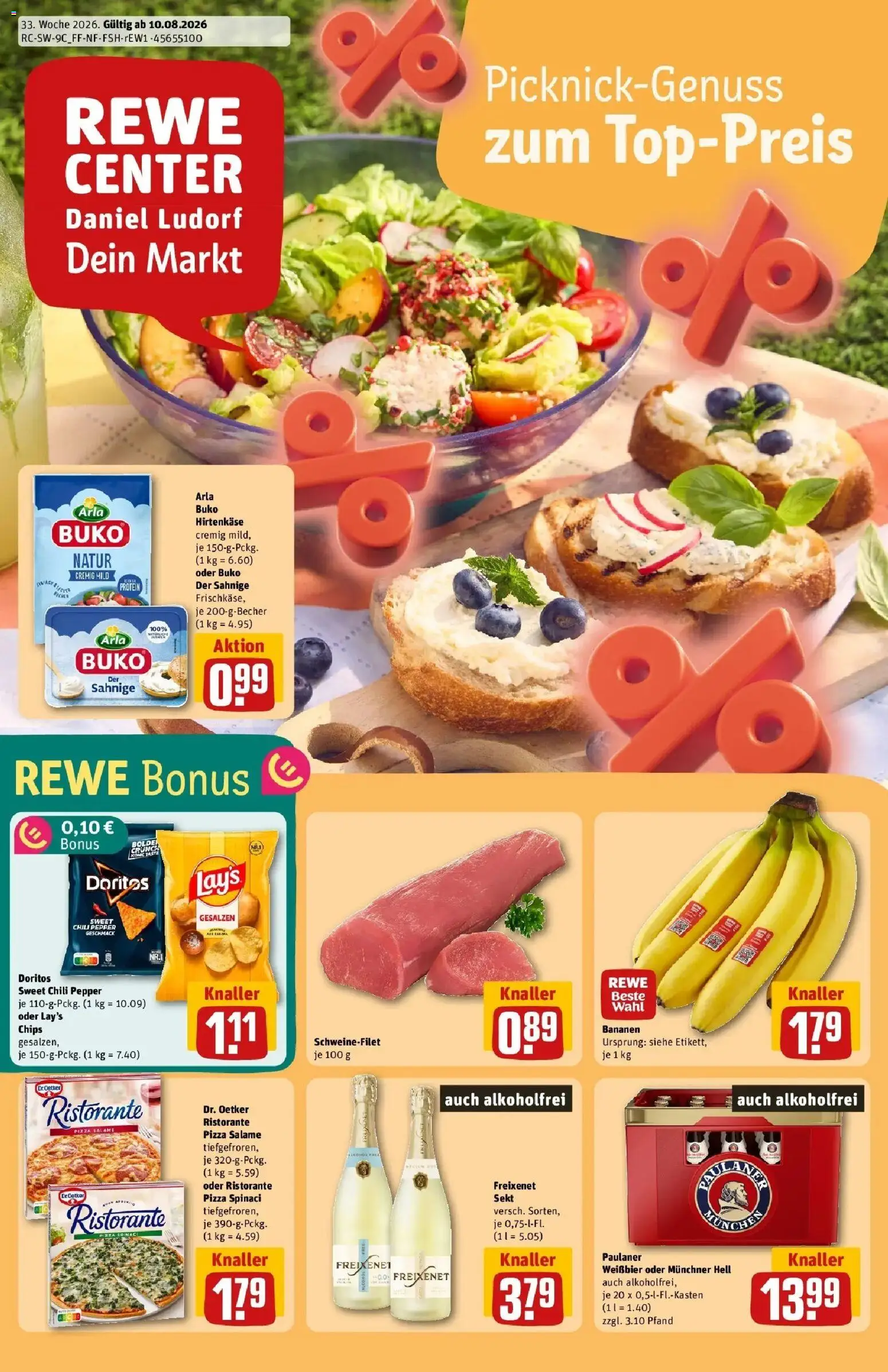 REWE Prospekt ab 10.08.2026 zum Blättern » Angebote | Seite: 1 | Produkte: Sekt, Bananen, Pizza, Paulaner
