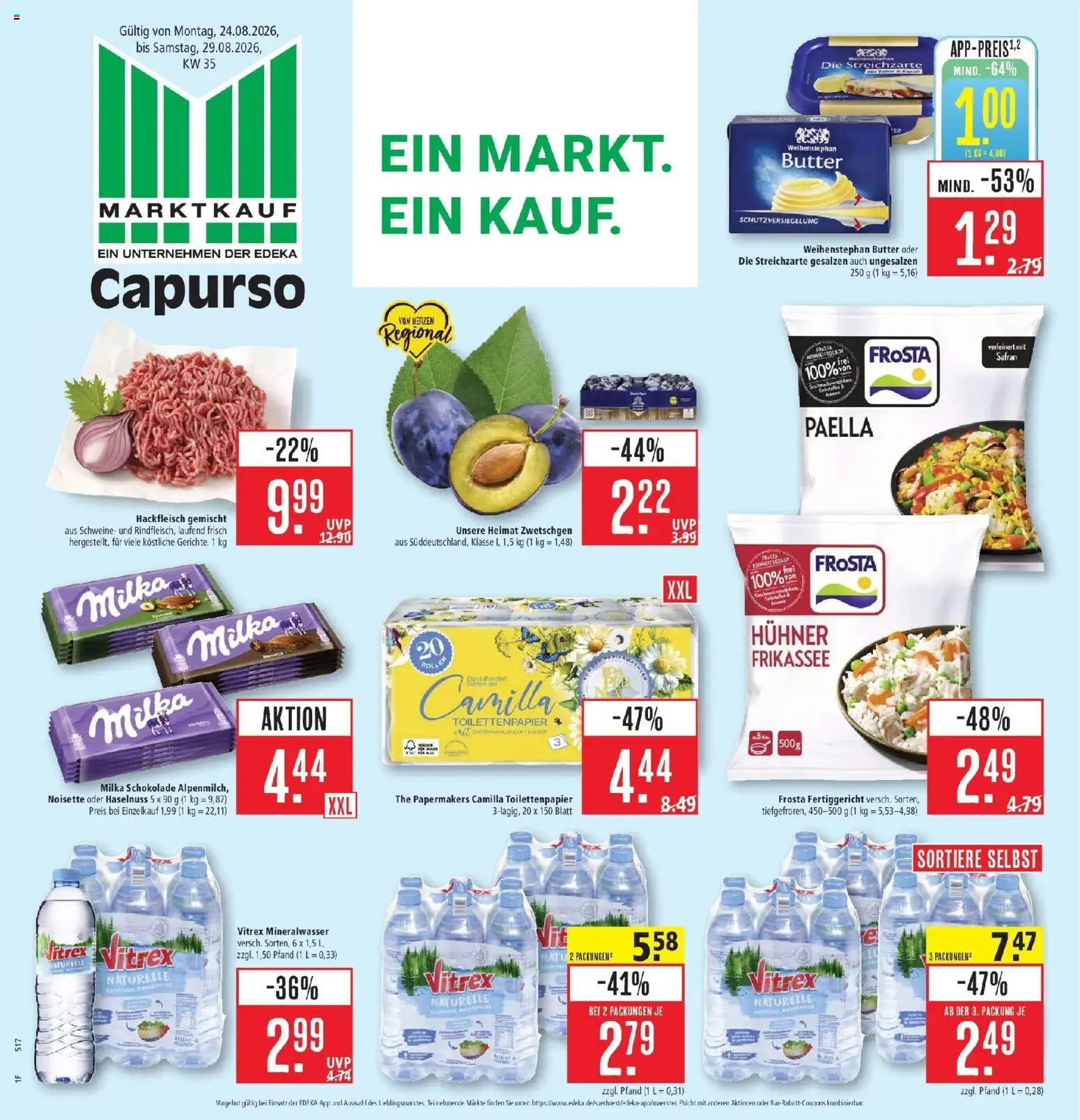 Marktkauf Prospekt Schorndorf (ab 24.08.2026) » Angebote online | Seite: 1 | Produkte: Milka, Mineralwasser, Hackfleisch, Toilettenpapier