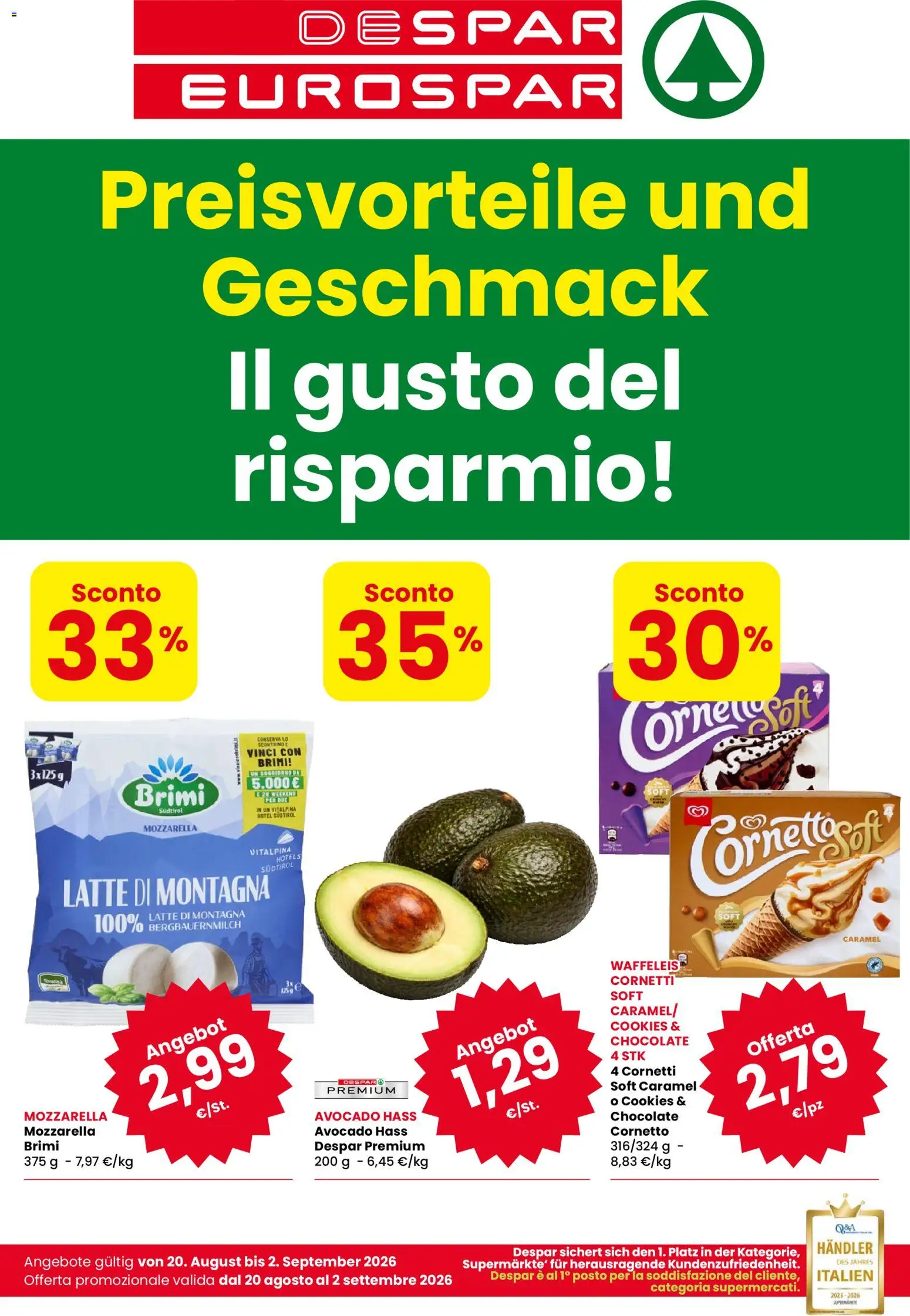Volantino Despar del 20/08/2026 | Pagina: 1 | Prodotti: Cornetto, Avocado, Mozzarella, Latte