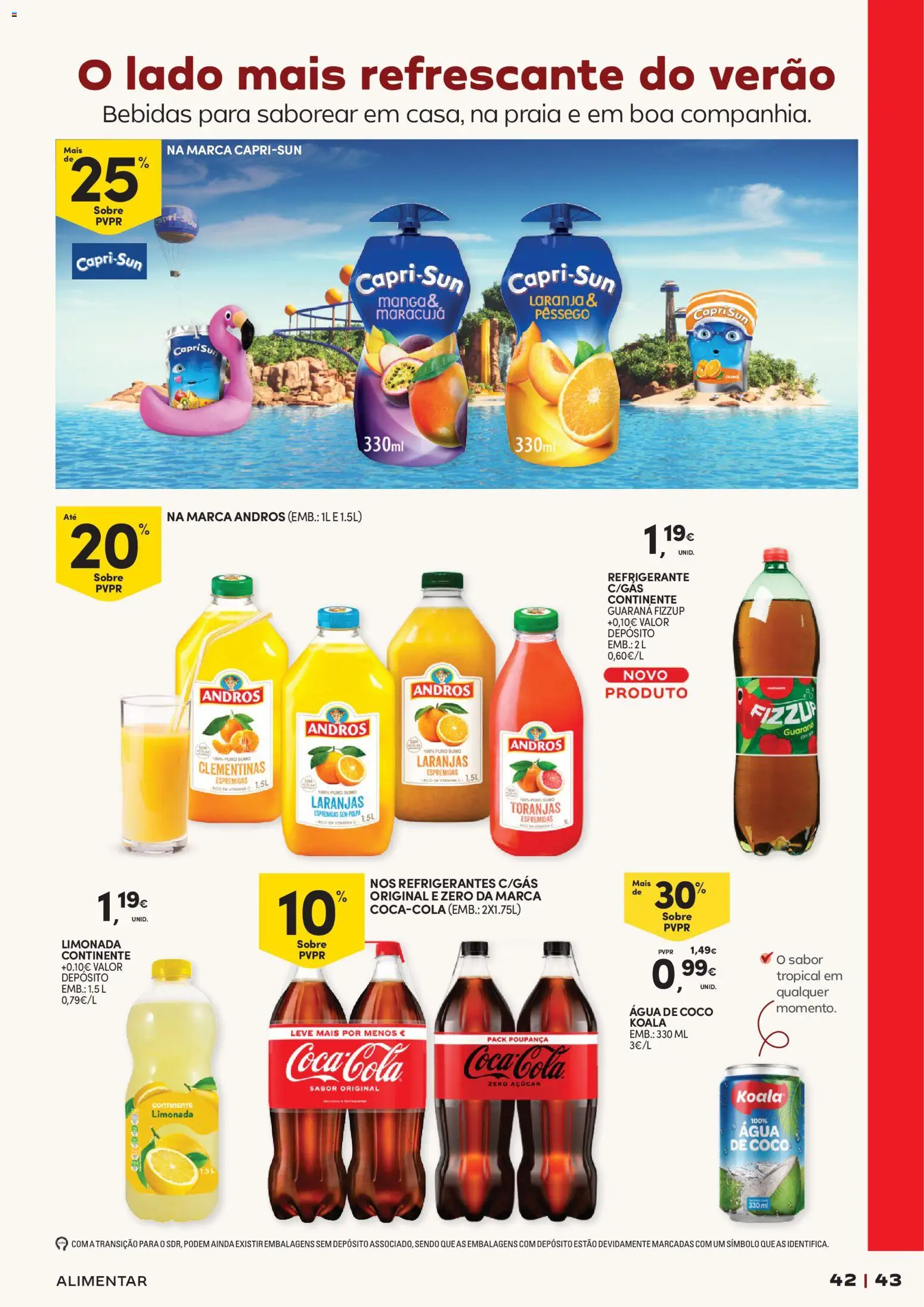 Continente - Férias de Verão  Abre espaço para a distração │ válido de 23/06/2026 | Página: 43 | Produtos: Agua, Refrigerante, Sumo, Laranjas
