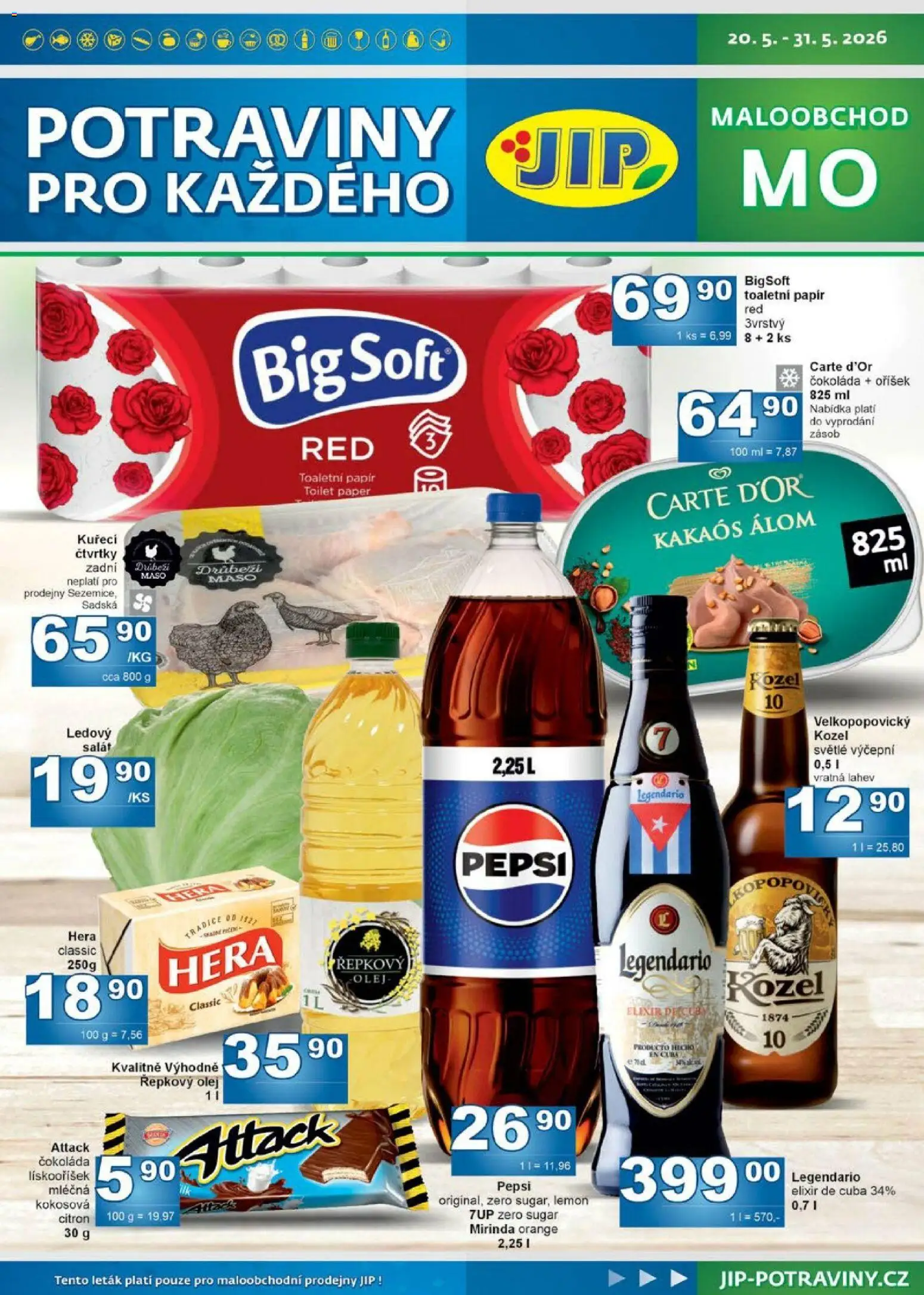 Jip leták od 20.05.2026 | Strana: 1 | Produkty: Čokoláda, Pepsi, Velkopopovický Kozel, Maso