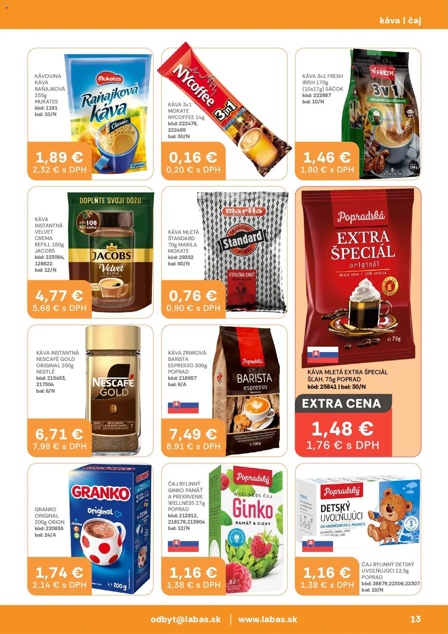 Nové Labaš akcie – leták je platný od 08.05.2026 | Strana: 13 | Produkty: Káva, Popradská káva, Čaj, Nescafé Gold