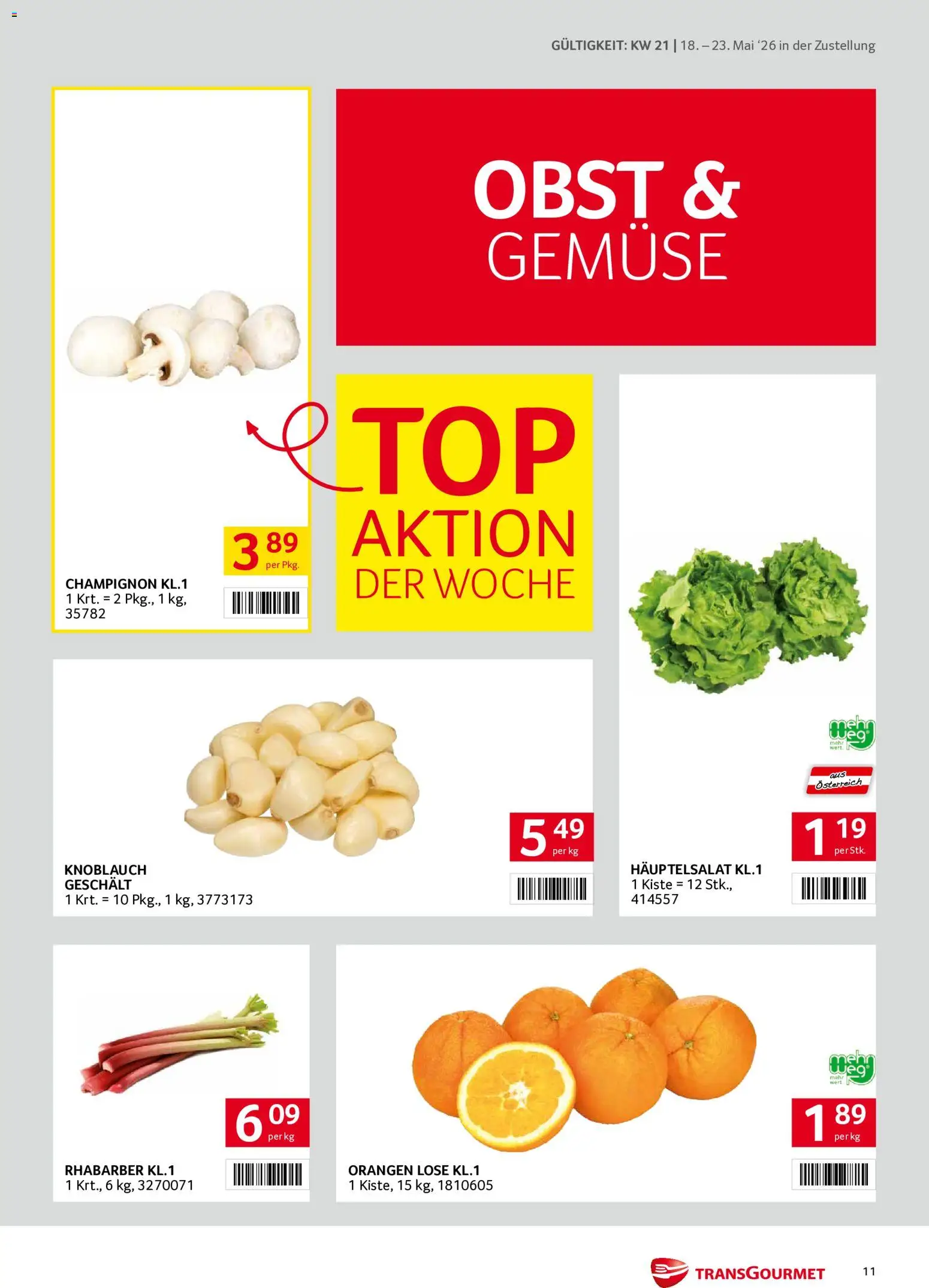 Transgourmet Zustellaktion gültig ab 18.05.2026 | Seite: 11 | Produkte: Gemüse, Obst, Knoblauch, Orangen