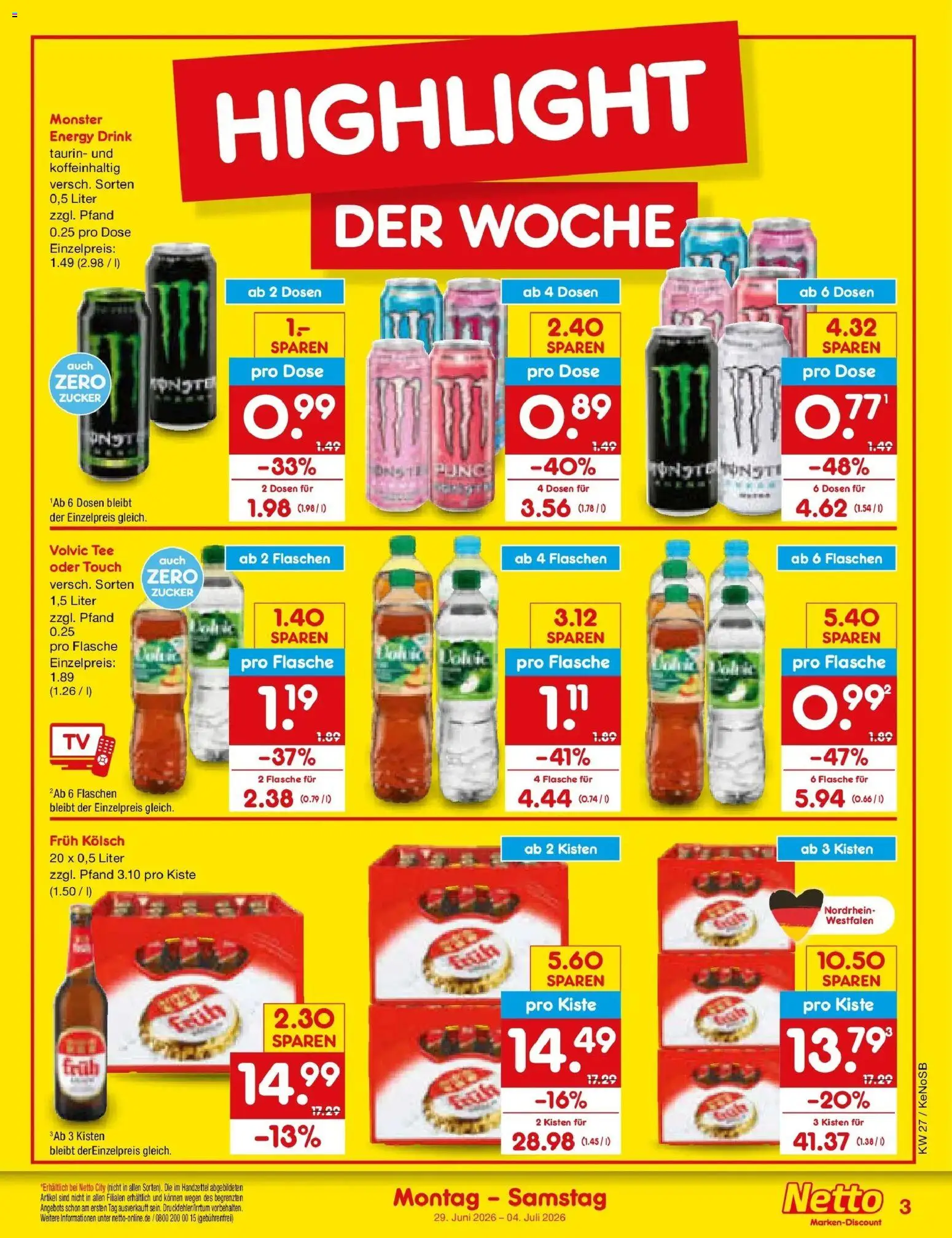 Netto Marken-Discount Prospekt Bonn – gültig ab 29.06.2026 | Seite: 3 | Produkte: Volvic tee, Monster, Zucker, Volvic