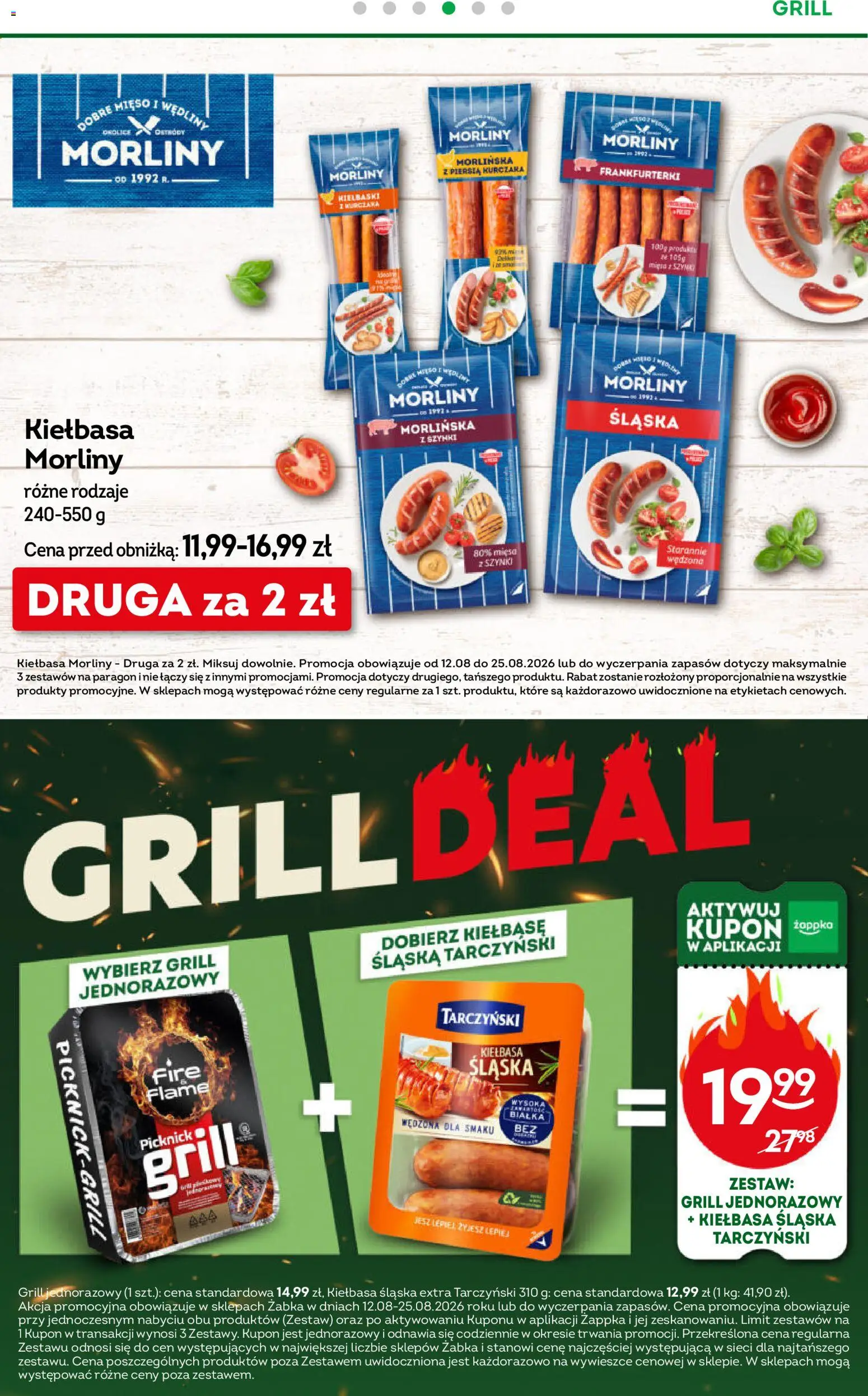 Żabka gazetka od 10.08.2026 | Strona: 11 | Produkty: Mięso, Kiełbasa Morliny, Kiełbasa śląska, Grill jednorazowy