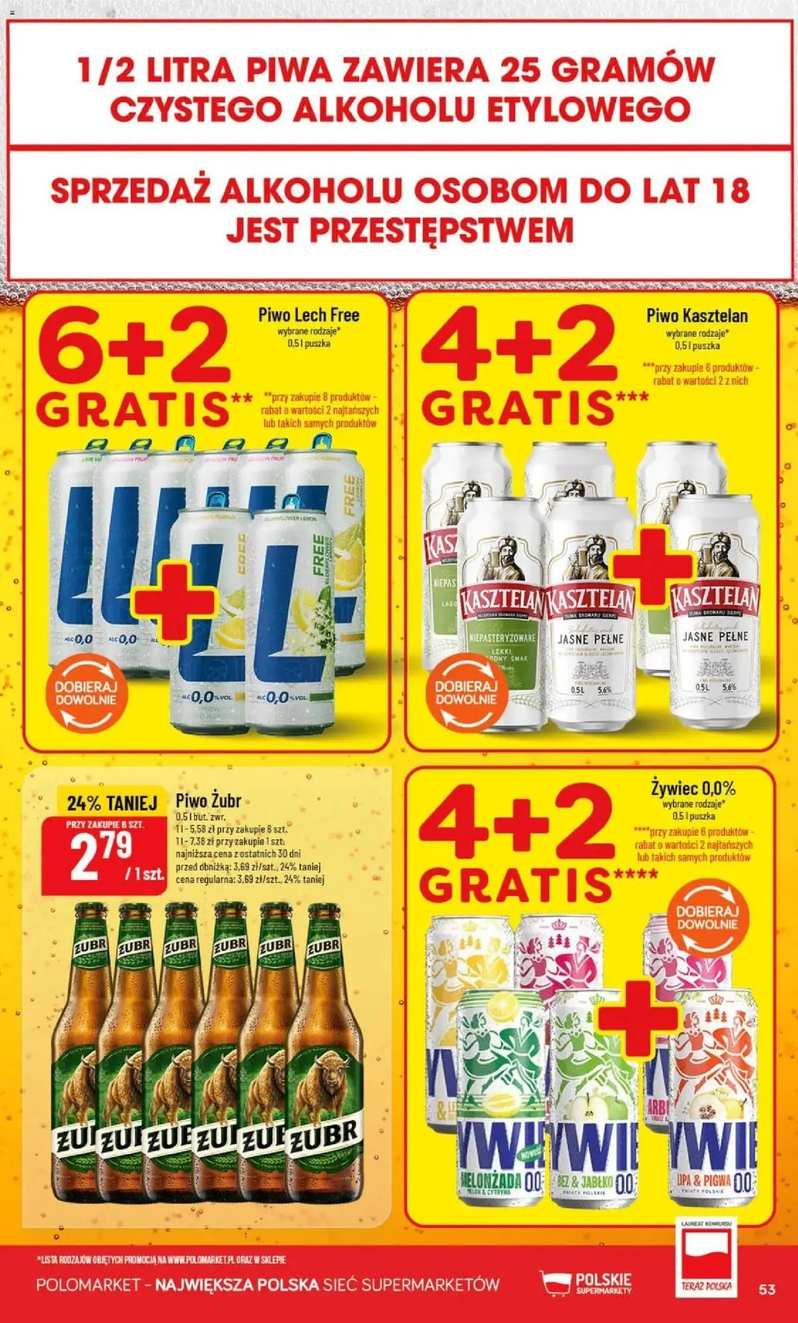 Nowa POLOmarket gazetka od jutra 12.08.2026 | Strona: 53 | Produkty: Pigwa, Lech, Piwo kasztelan, Piwo