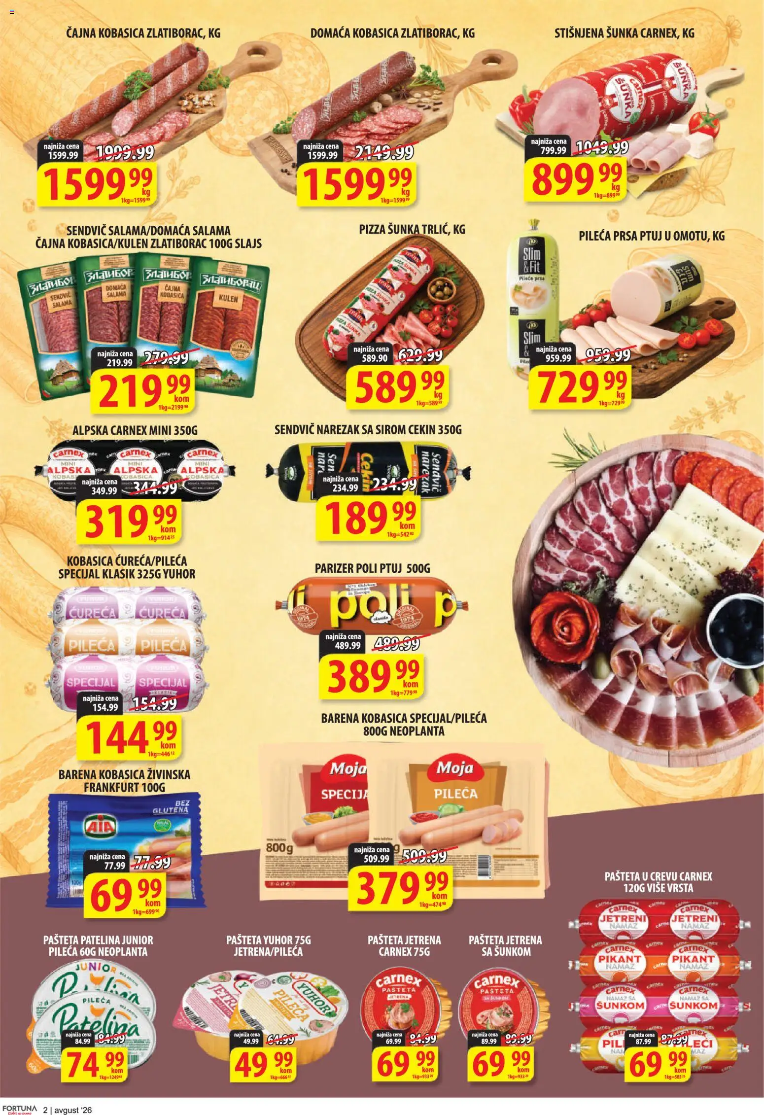 Fortuna Market katalog - važi od 10.08.2026 | Strana: 2 | Proizvode: Pileća prsa, Šunka, Pizza šunka, Pašteta