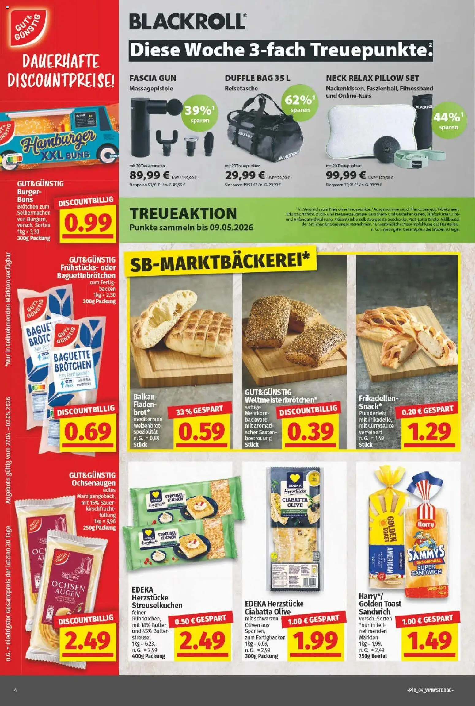 Angebote - Wochenangebote (ab 03.05.2026) zum Blättern | Seite: 4 | Produkte: Burger, Baguette, Massagepistole, Reisetasche