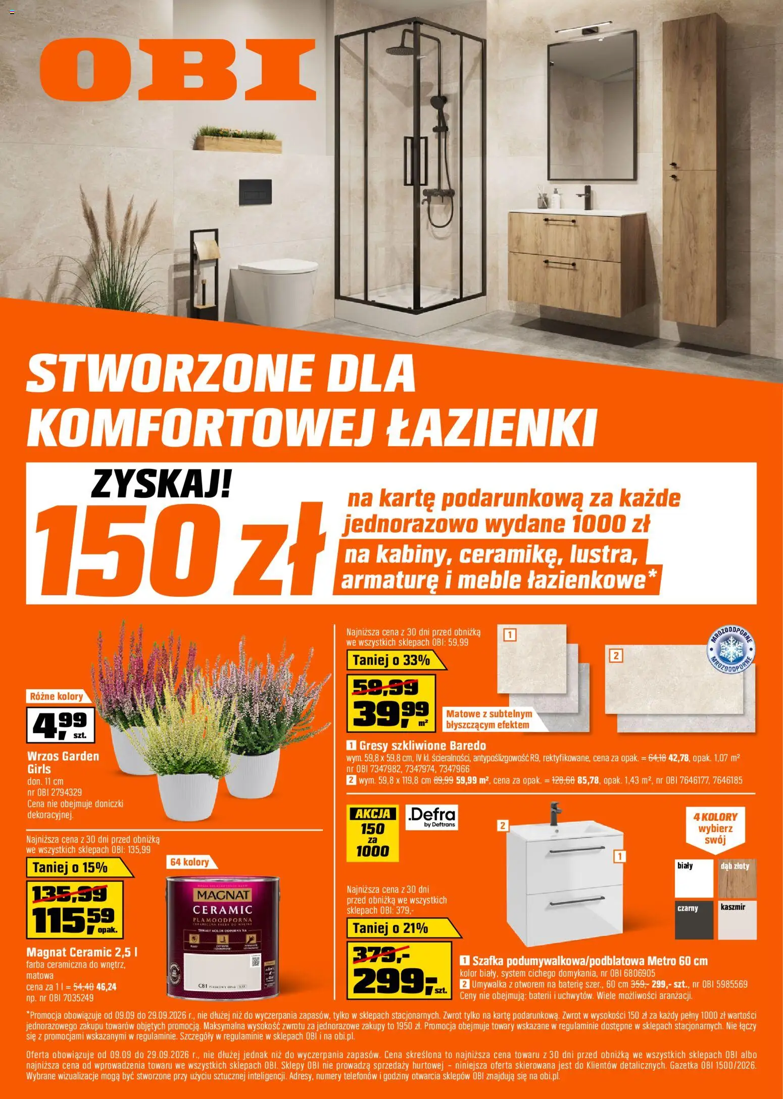 OBI gazetka od 09.09.2026 | Strona: 1 | Produkty: Baterie, Wrzos, Umywalka, Doniczki